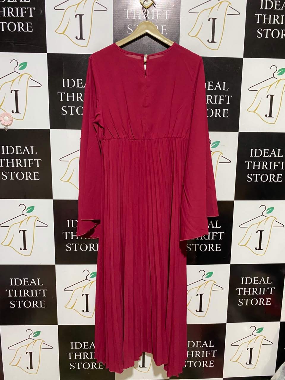 SHEIN |L| BUST 18| A6| MAGENTA PINK PLEATED ACCORDION KEYHOLE BELL-SLEEVE MAXI DRESS