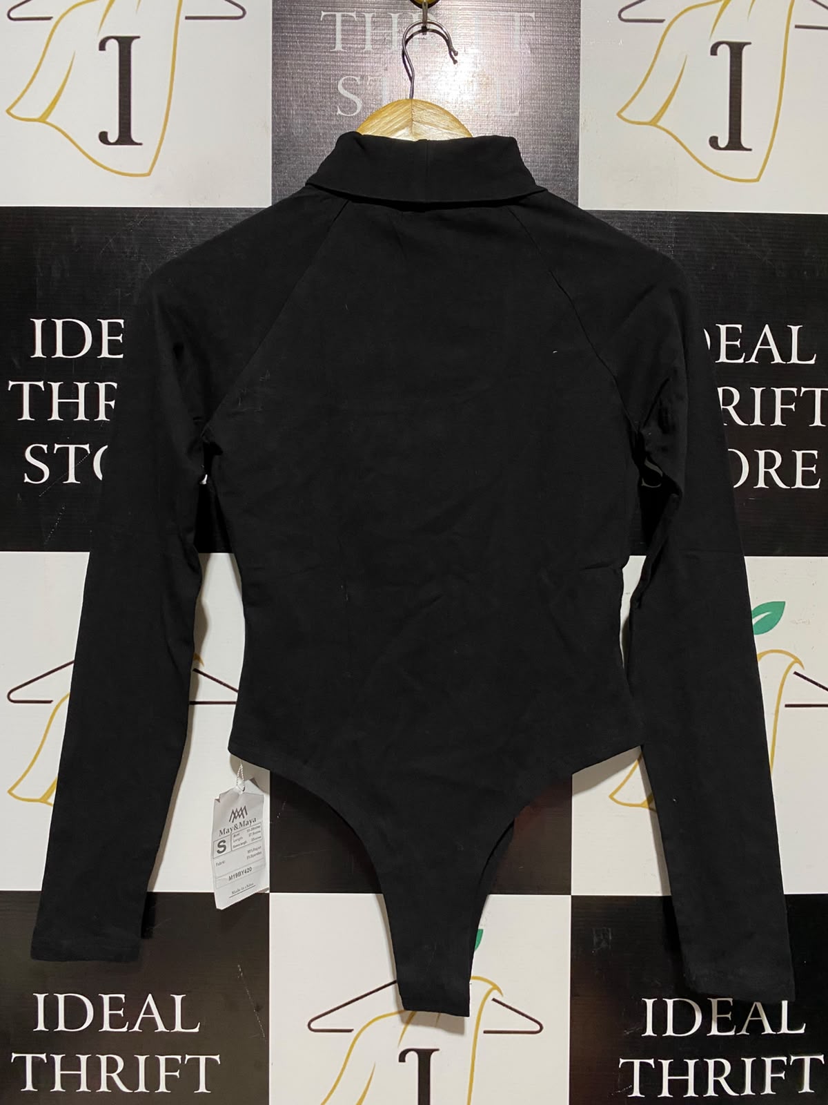 MAY & MAYA |S| BUST 15| A8| BLACK LONG SLEEVE CHEST CUTOUT MOCK NECK BODYSUIT