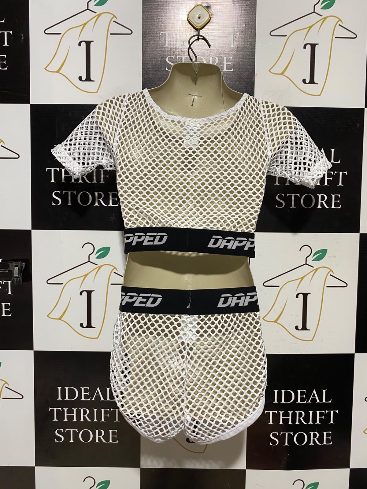 DAPPED |S| A8| WHITE FISHNET MESH TWO-PIECE CROP TOP AND SHORTS SET