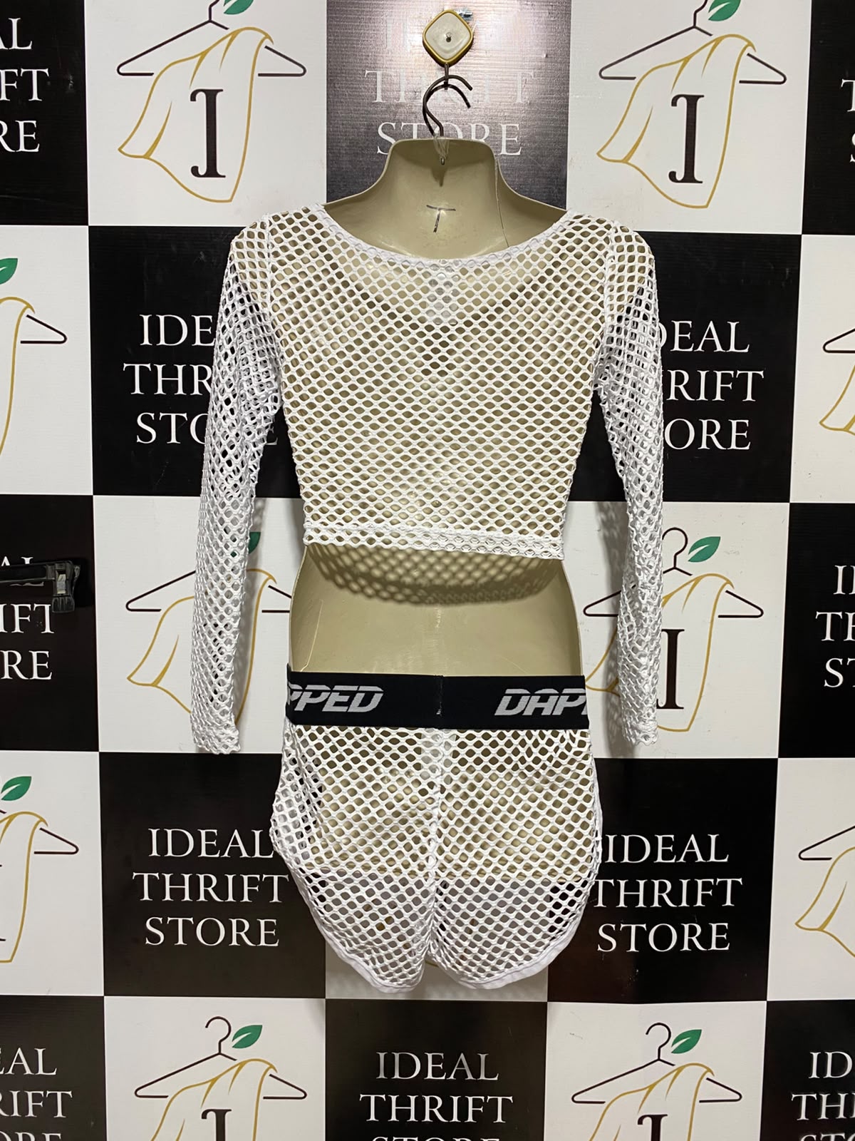 DAPPED |S| A8| WHITE LONG SLEEVE FISHNET MESH TWO-PIECE CROP TOP AND SHORTS SET