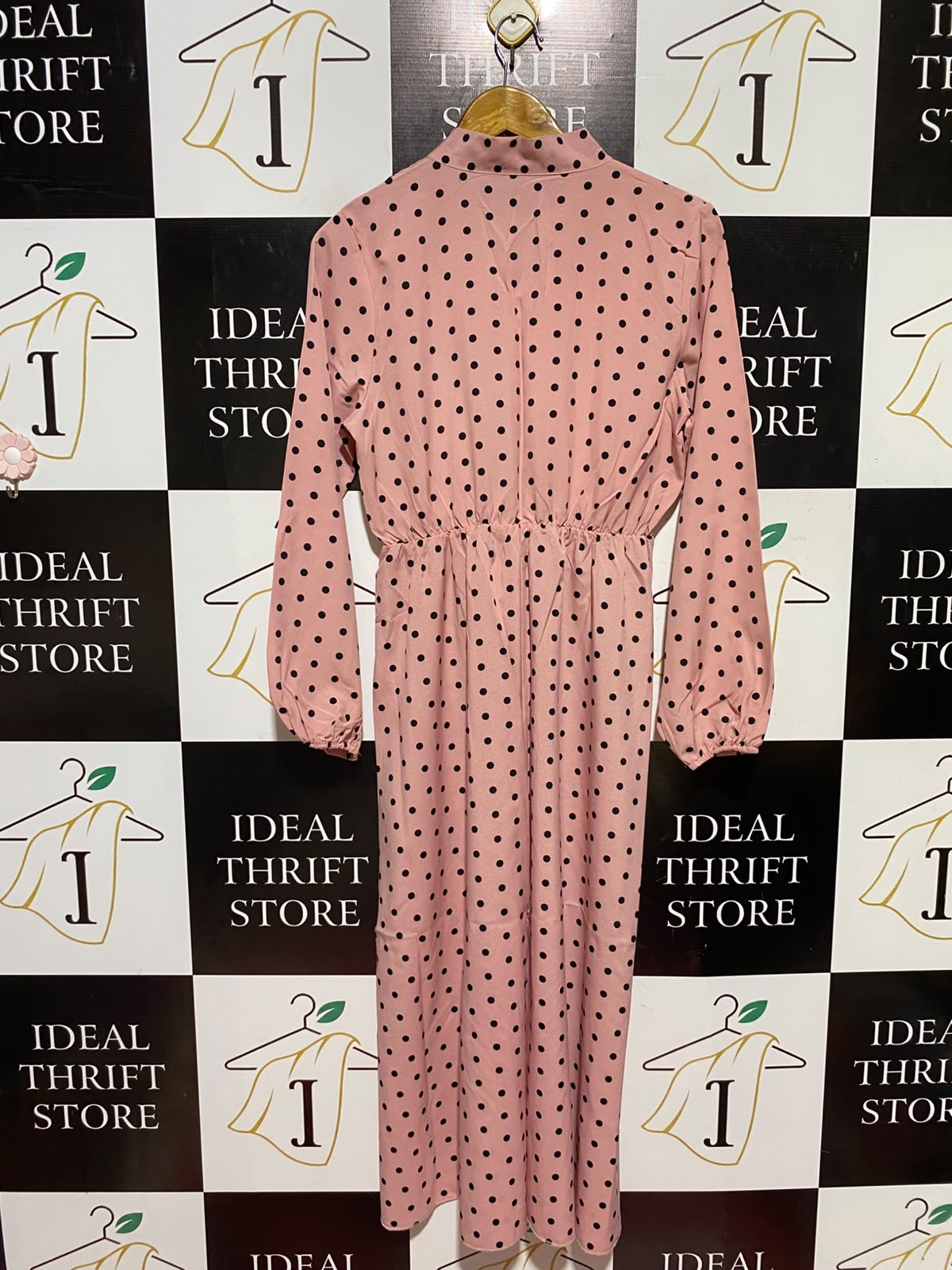 |M| BUST 17| A8| PINK POLKA DOT TIE-NECK LONG SLEEVE MAXI DRESS