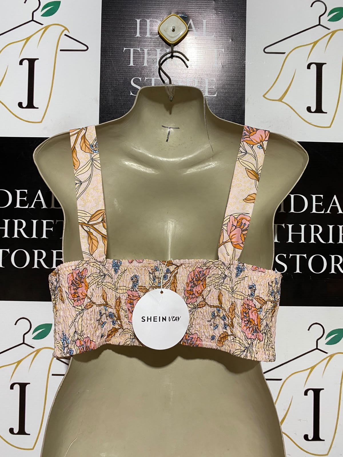 SHEIN VCAY |M| BUST 17| A8| BLUSH PINK FLORAL FRONT-TIE CAMI CROP TOP