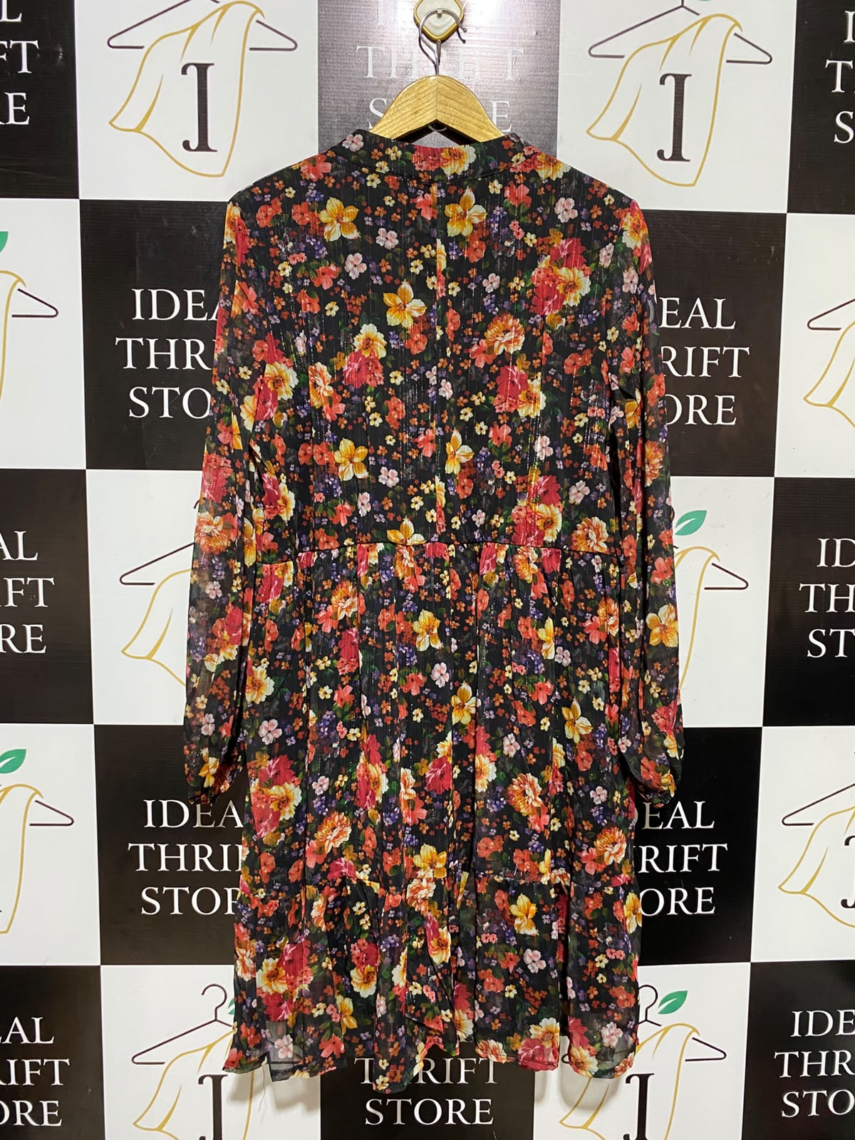 CHIARA ROMOLINI |L| BUST 21| A8| BLACK MULTICOLOR FLORAL TIE-NECK TIERED MINI DRESS