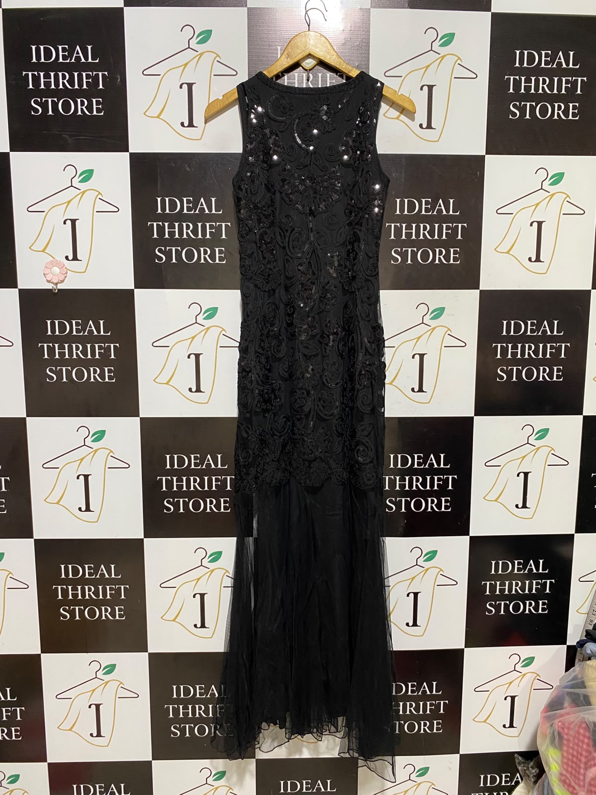 IZABEL |S| BUST 15| A8| WOMEN'S BLACK SEQUINED EMBROIDERED LACE MAXI DRESS