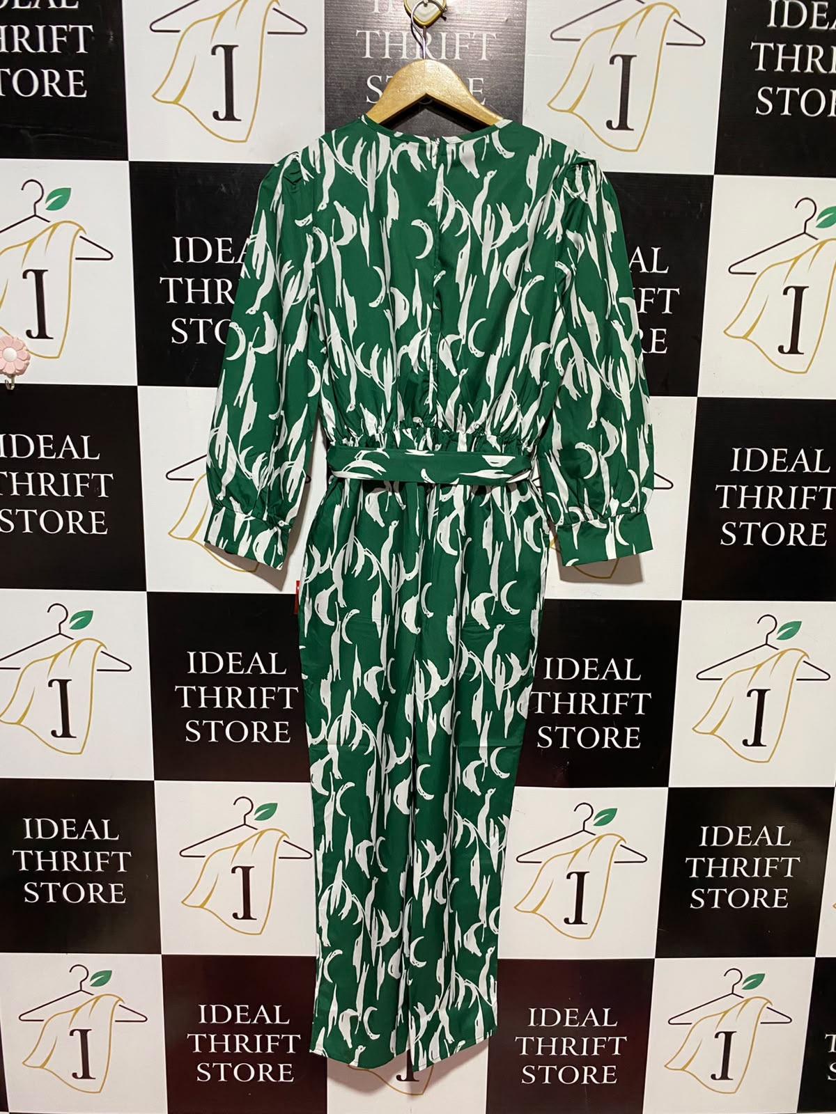 SHEIN |M| BUST 17| A9| ABSTRACT PRINT WRAP LONG SLEEVE MAXI DRESS - GREEN & WHITE