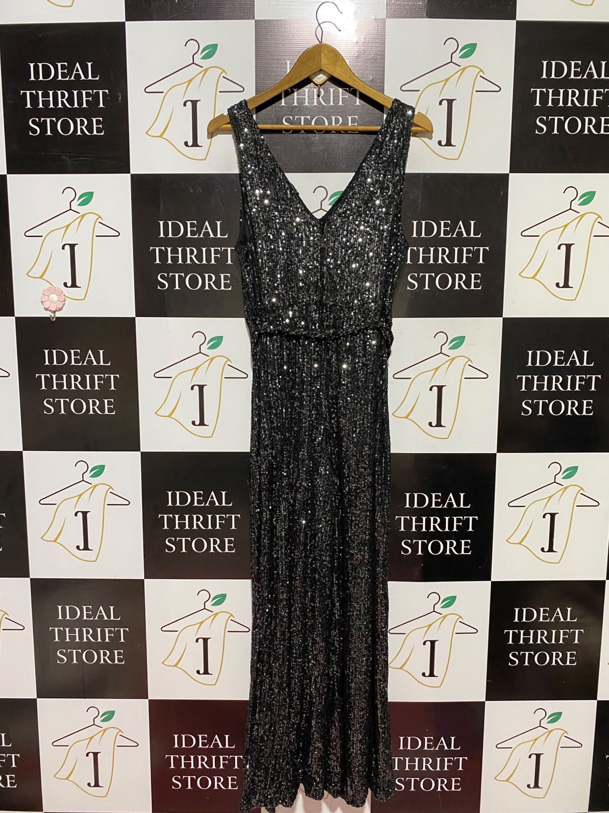 NEW LOOK |L| BUST 19| A9| FULLY SEQUINED V-NECK SLEEVELESS BELTED MAXI DRESS - CHARCOAL / GUNMETAL