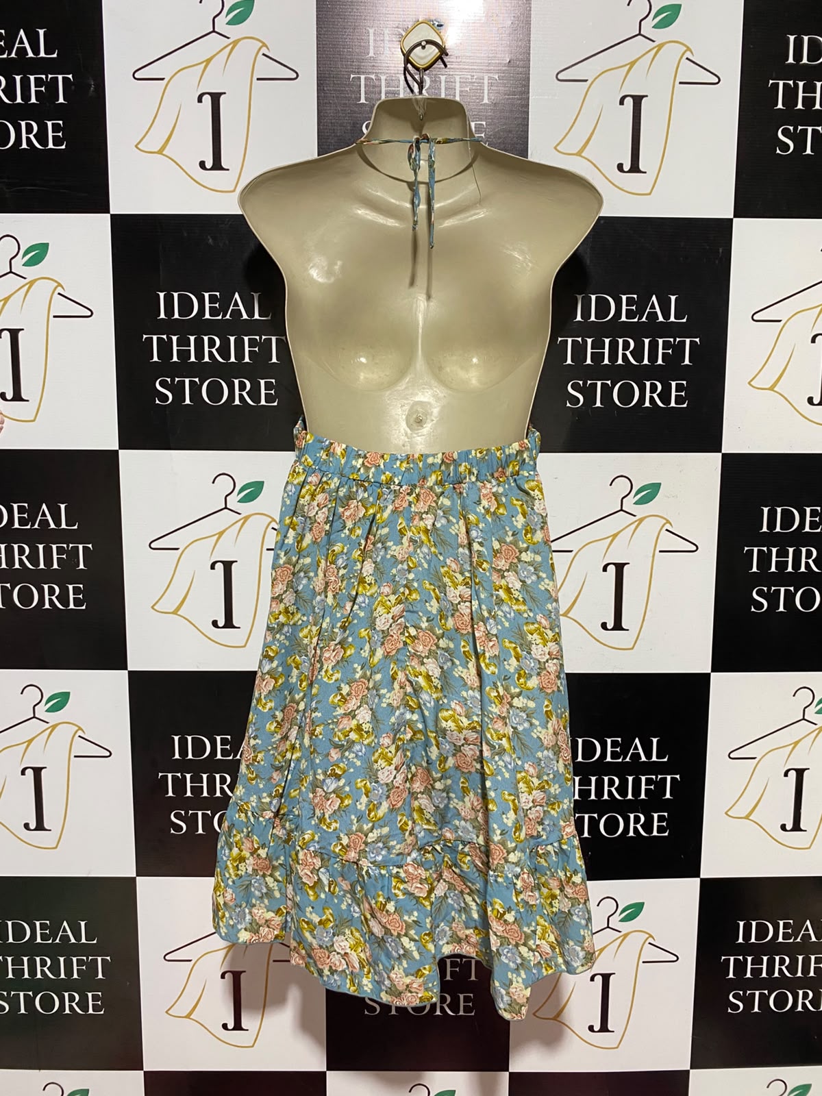 SHEIN |L| BUST 15| A9| VINTAGE FLORAL HALTER-NECK BACKLESS MINI DRESS - LIGHT BLUE
