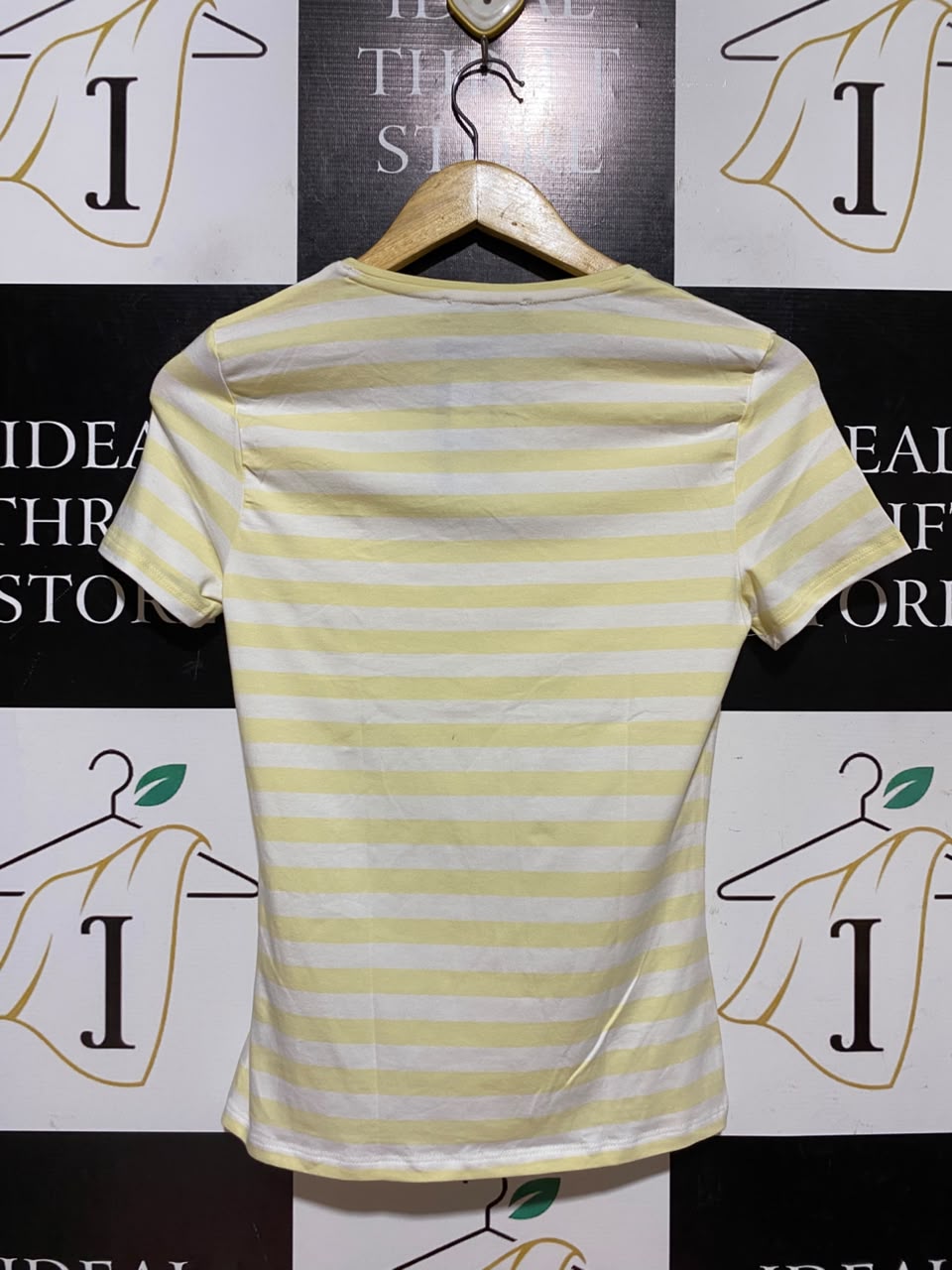 M&S |S| BUST 14| A11| STRIPED GRAPHIC CREW NECK T-SHIRT - YELLOW & WHITE