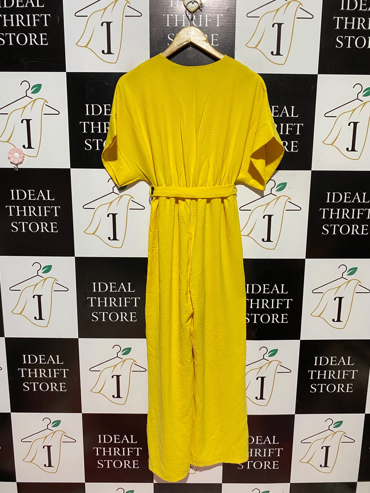 |M| BUST FREE| A11| V-NECK SHORT SLEEVE BELTED JUMPSUIT - BRIGHT YELLOW