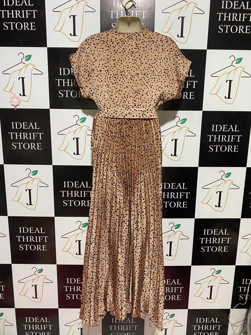 NEW LOOK |S| BUST FREE| A11 | POLKA DOT PLEATED BELTED MAXI DRESS - TAN / BEIGE