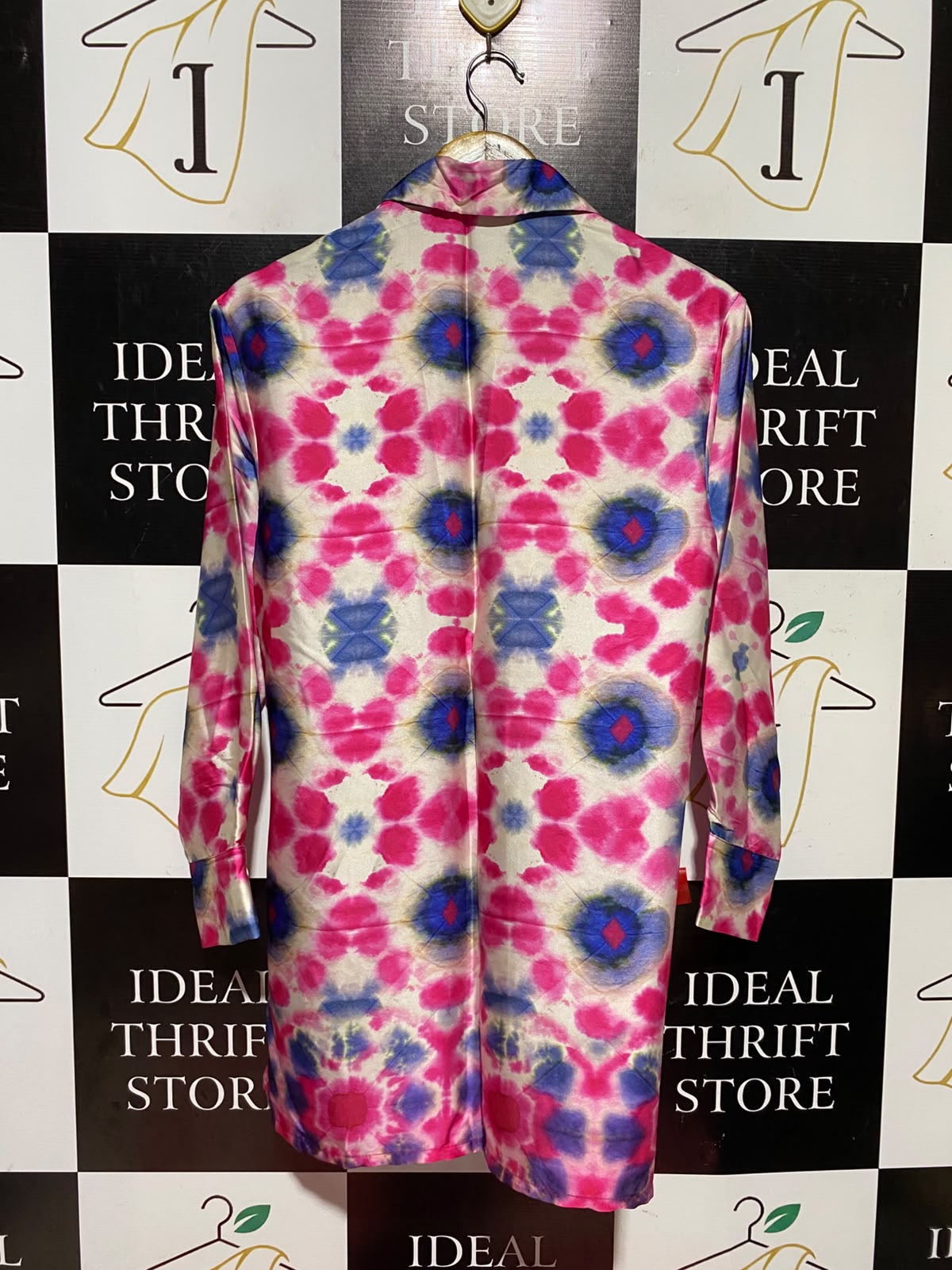 ZARA |XS| BUST 19| A11| VIBRANT TIE-DYE ABSTRACT SATIN BELTED SHIRT - PINK & BLUE
