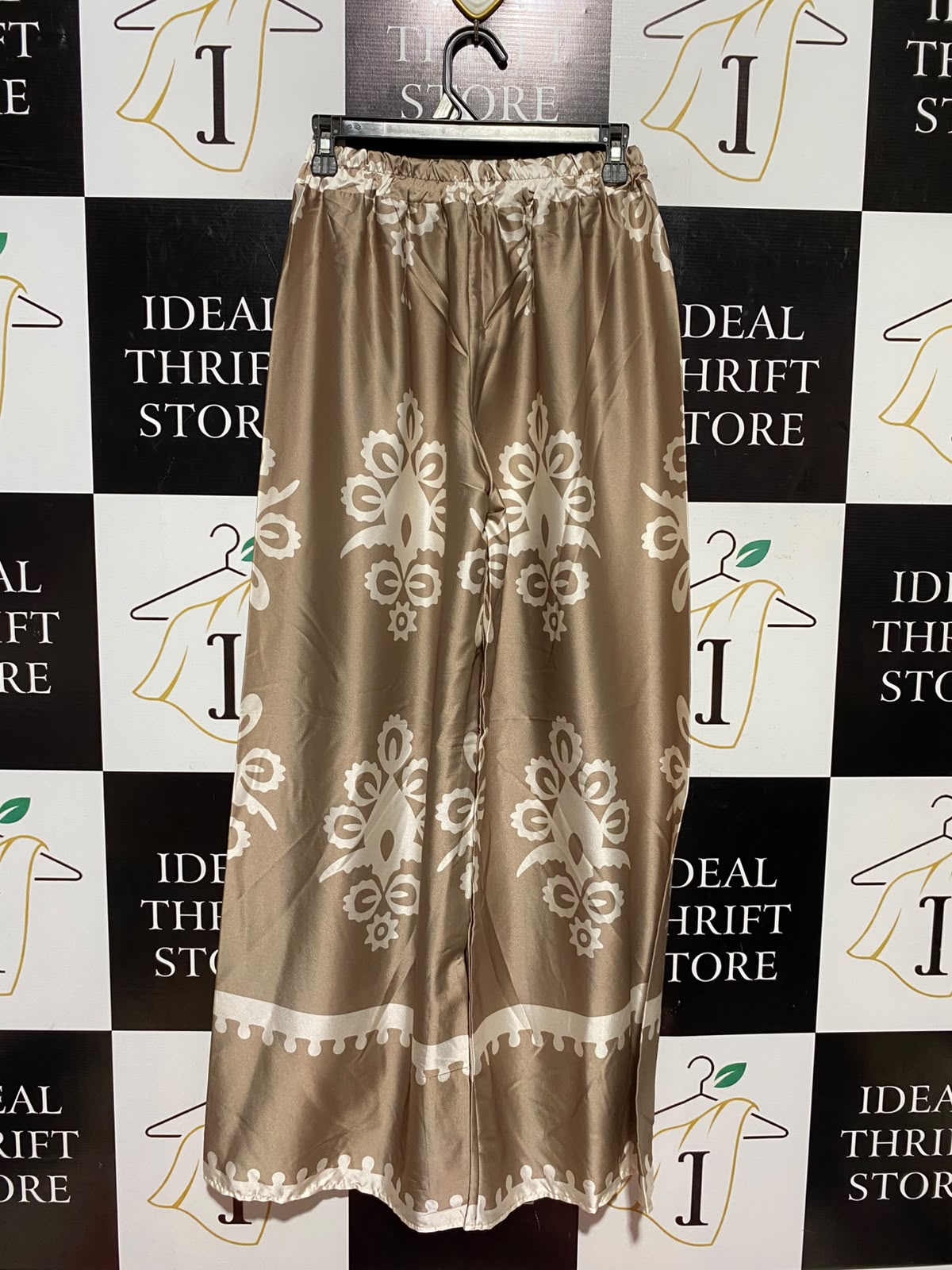 LUCY H |S| WAIST 24| A9| WOMEN'S PRINTED SATIN WIDE-LEG PALAZZO PANTS - GOLDEN BEIGE