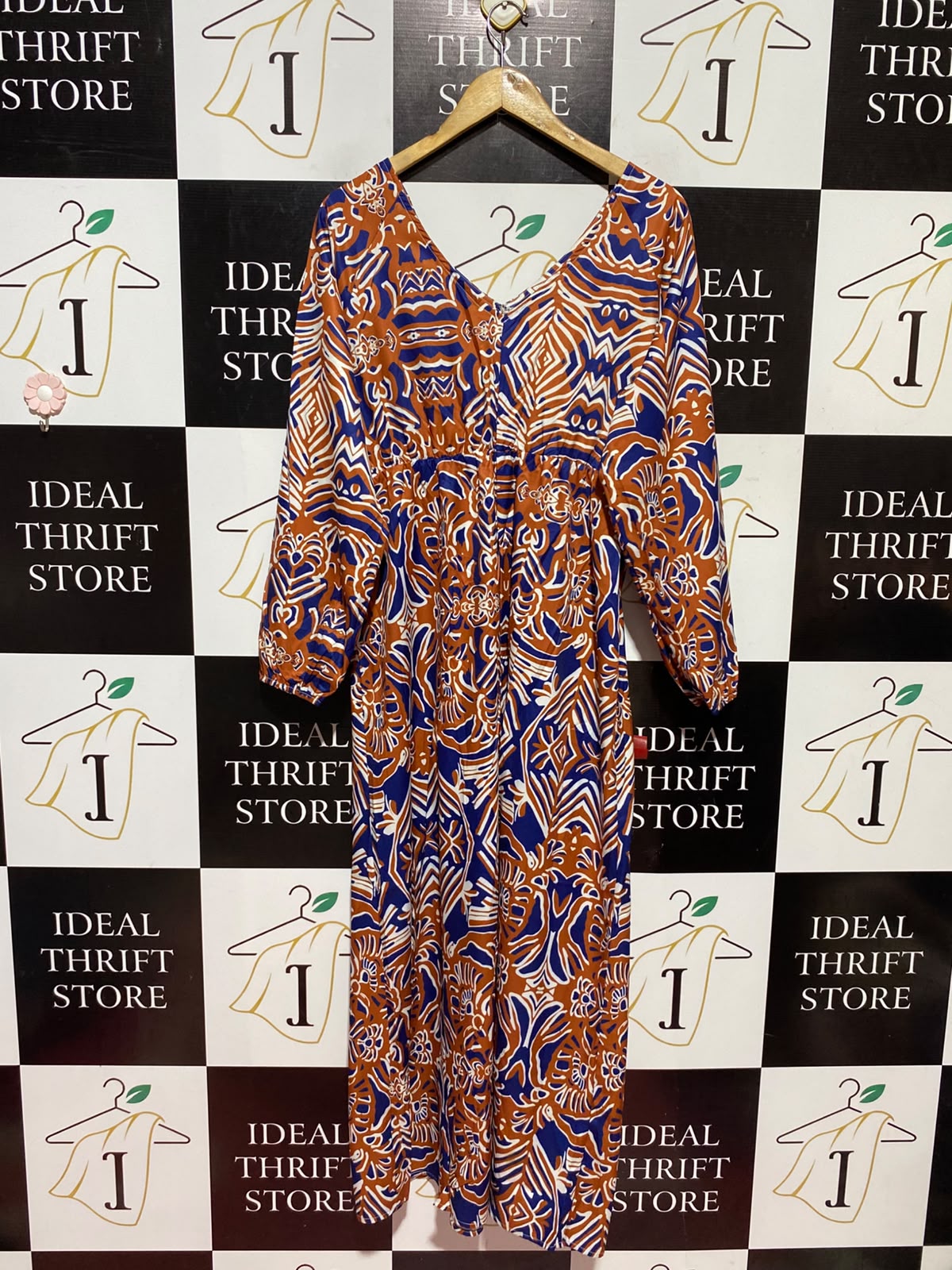 |XL| BUST 19| A12| WOMEN’S RUST ORANGE & BLUE ABSTRACT GEOMETRIC MAXI DRESS