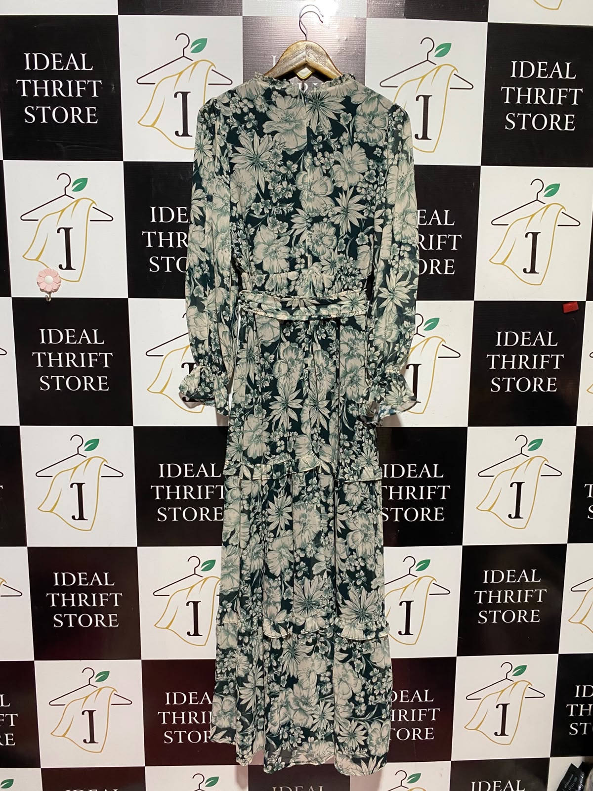 PHASE EIGHT |M| BUST 17| A12| WOMEN'S EMERALD GREEN & CREAM FLORAL TIERED BELTED MAXI DRESS