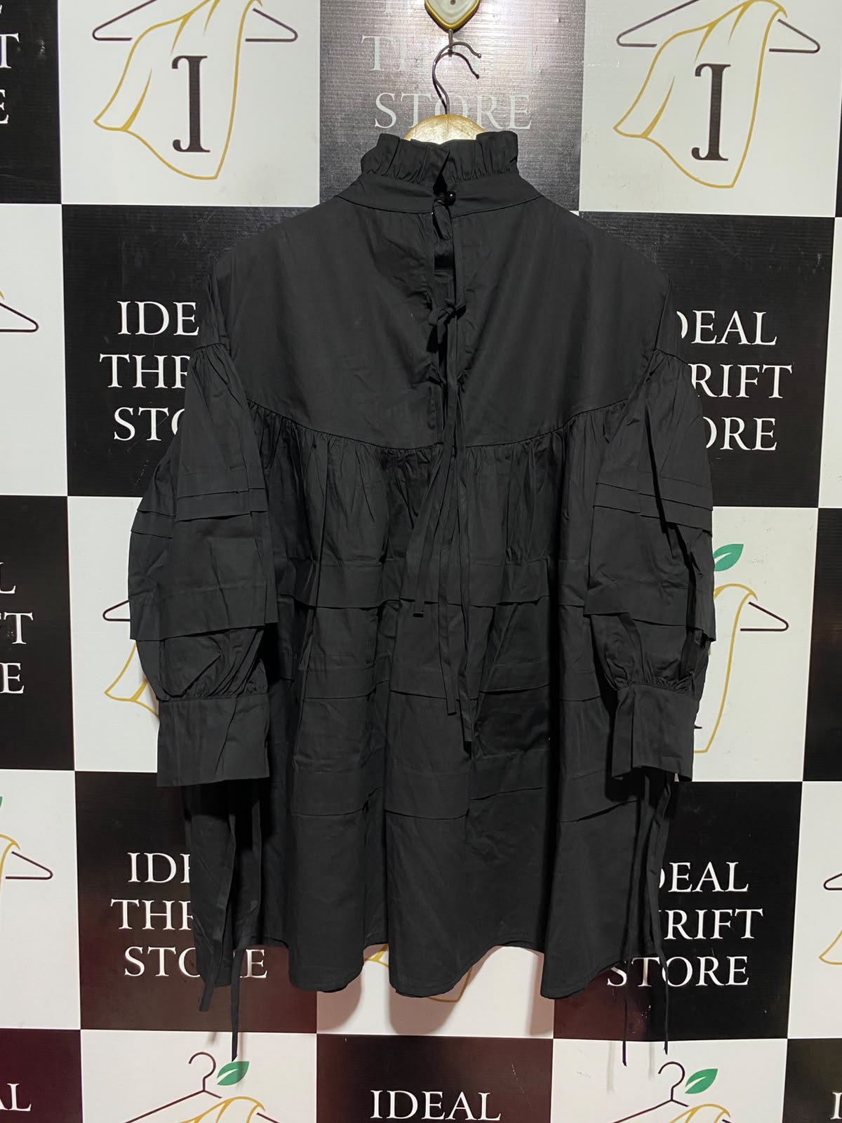 |S| BUST 23| A12| WOMEN'S SOLID BLACK RUFFLE HIGH-NECK PIN-TUCK BABYDALL TUNIC DRESS