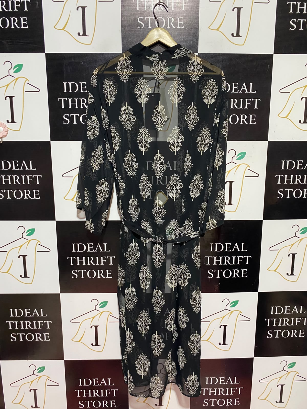 FAME |M/L| BUST 25| A12| WOMEN'S BLACK & CREAM BOTANICAL BLOCK-PRINT SHEER BELTED KIMONO CARDIGAN