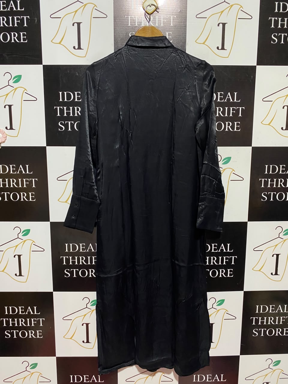 PRIMARK | M| BUST 19| WOMEN'S SOLID BLACK SATIN BUTTON-DOWN MAXI SHIRT DRESSA11|