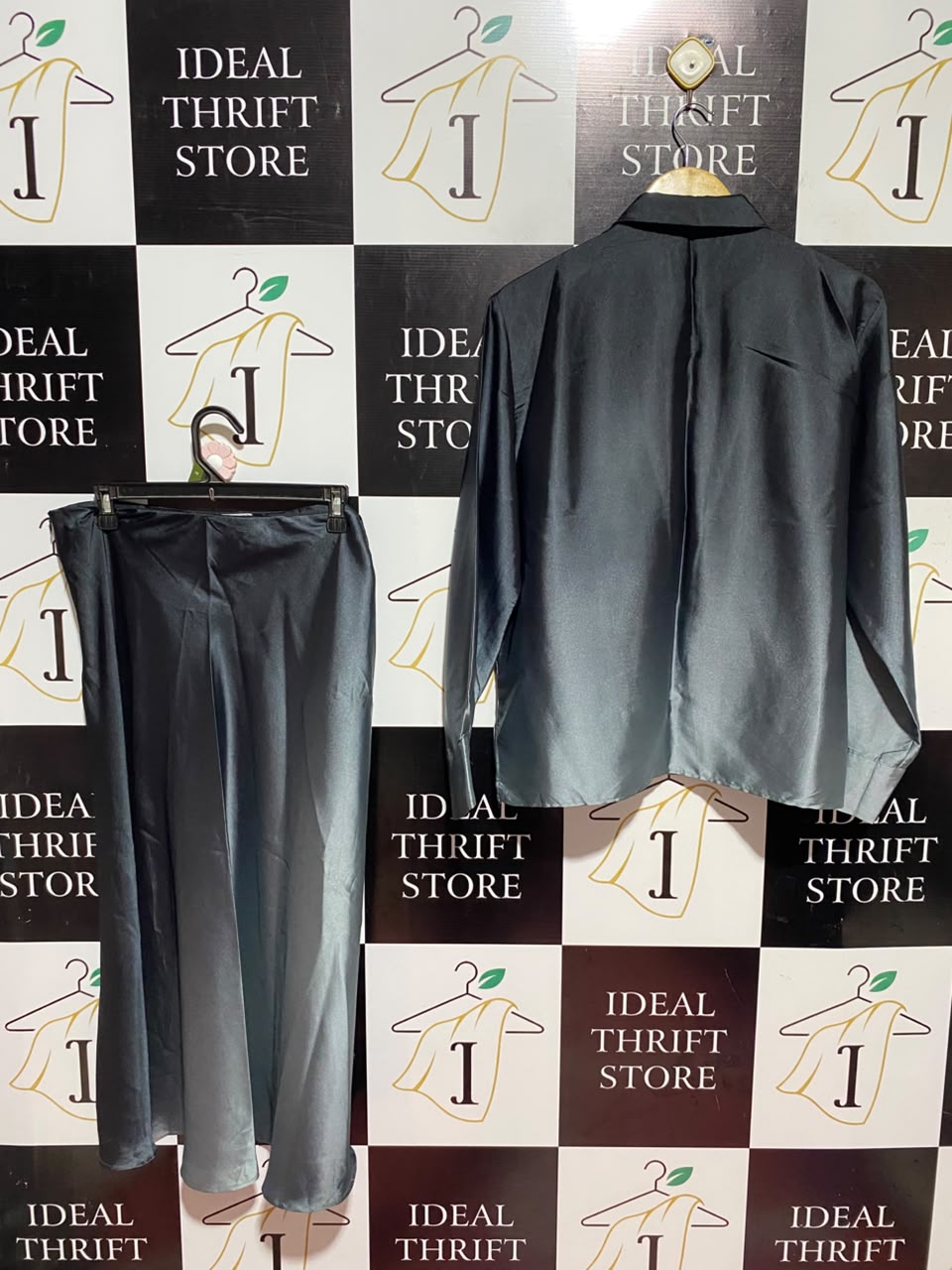 THE PRIMARK EDIT |L| A11| WOMEN'S CHARCOAL GREY SATIN SHIRT & MAXI SKIRT TWO-PIECE CO-ORD SET