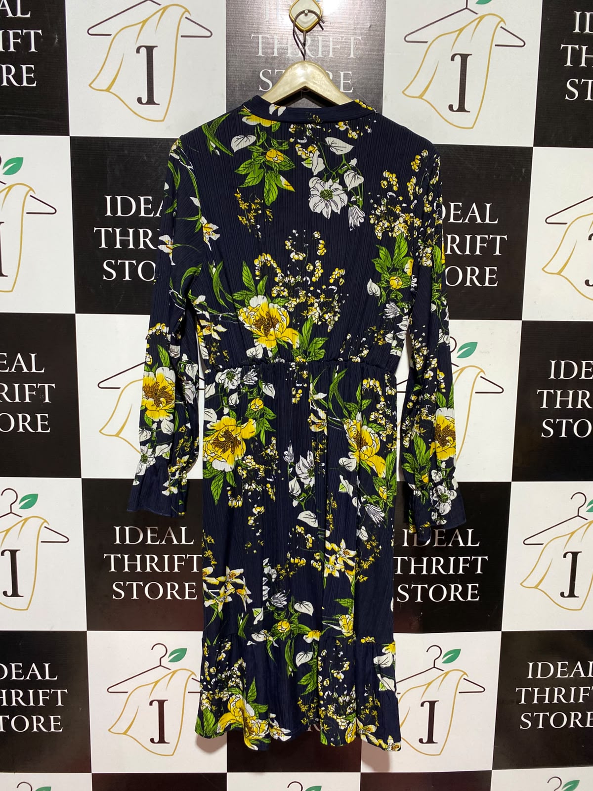 FASHION |M| BUST 18| A13| NAVY BLUE FLORAL PRINT MIDI DRESS - LONG SLEEVE PLEATED BOW-NECK DRESS
