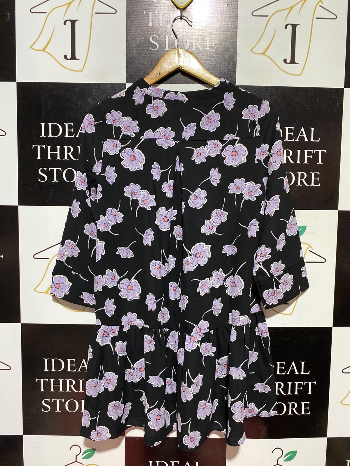 PAPAYA |M| BUST 19| A13| BLACK & PURPLE FLORAL MINI DRESS - 3/4 SLEEVE PEPLUM HEM SHIRT DRESS