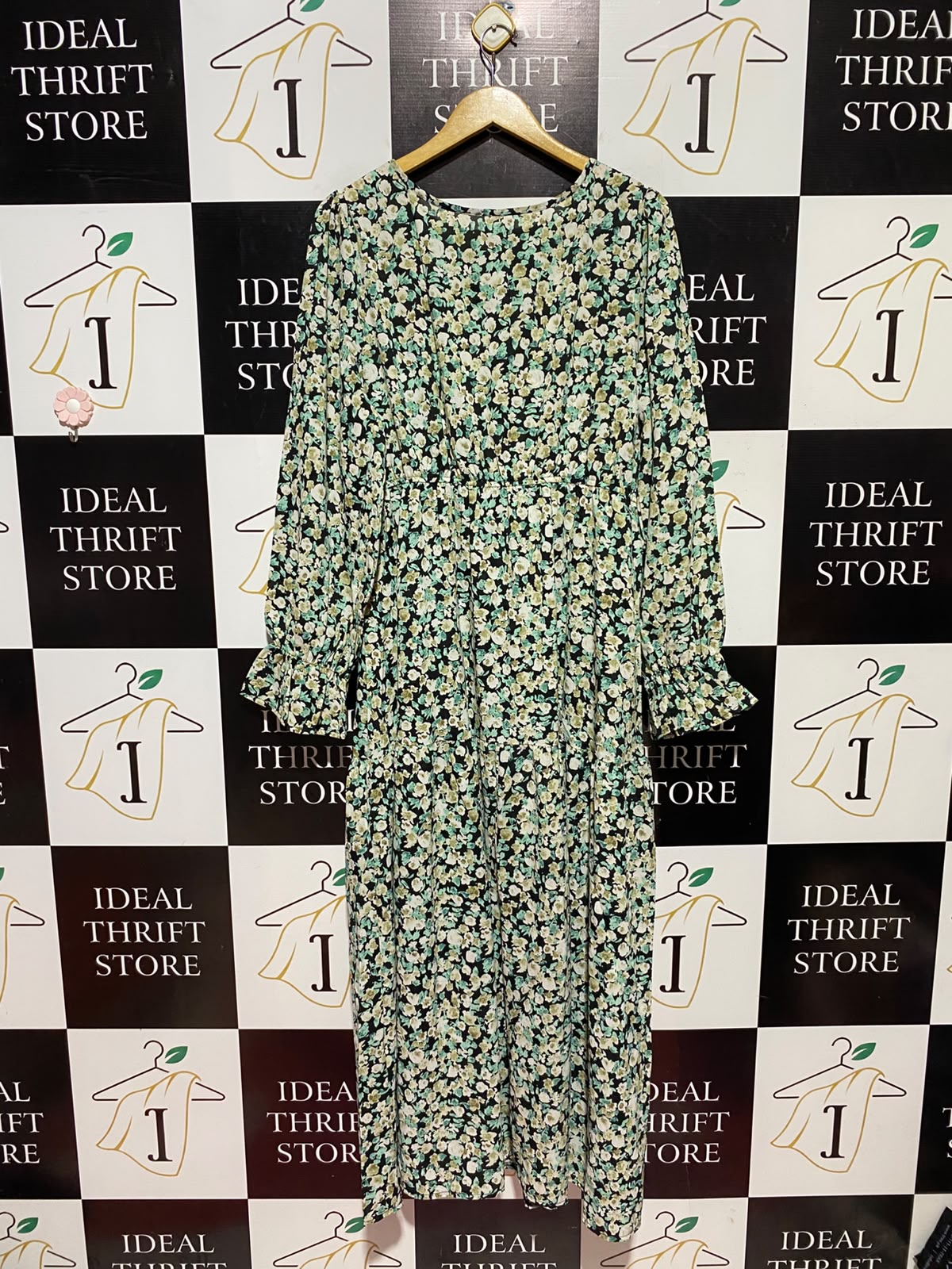 |XXL| BUST 21| A13| BLACK & GREEN DITSY FLORAL MAXI DRESS - LONG SLEEVE SMOCKED CUFF DRESS
