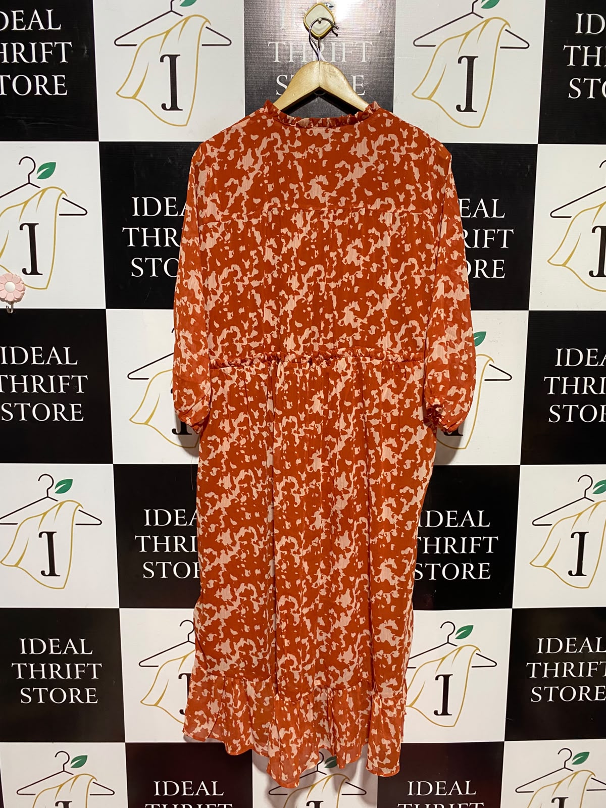 ESMARA |XL| BUST 22| A13| RUST ORANGE ABSTRACT PRINT MIDI DRESS - RUFFLED V-NECK DRESS