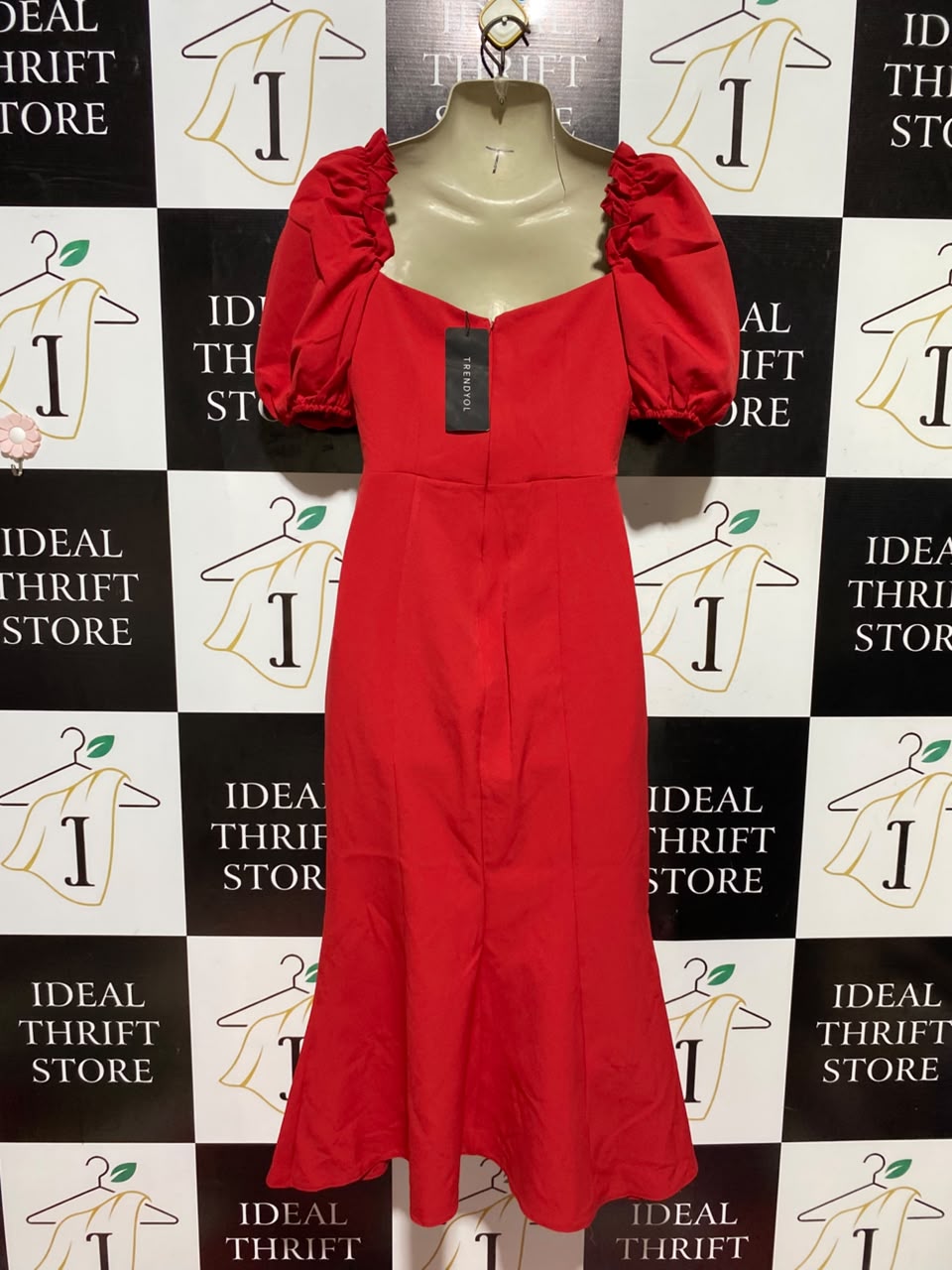 TRENDYOL |S| BUST 15| A12| RED PUFF SLEEVE SWEETHEART MIDI DRESS - ELEGANT MERMAID SILHOUETTE DRESS