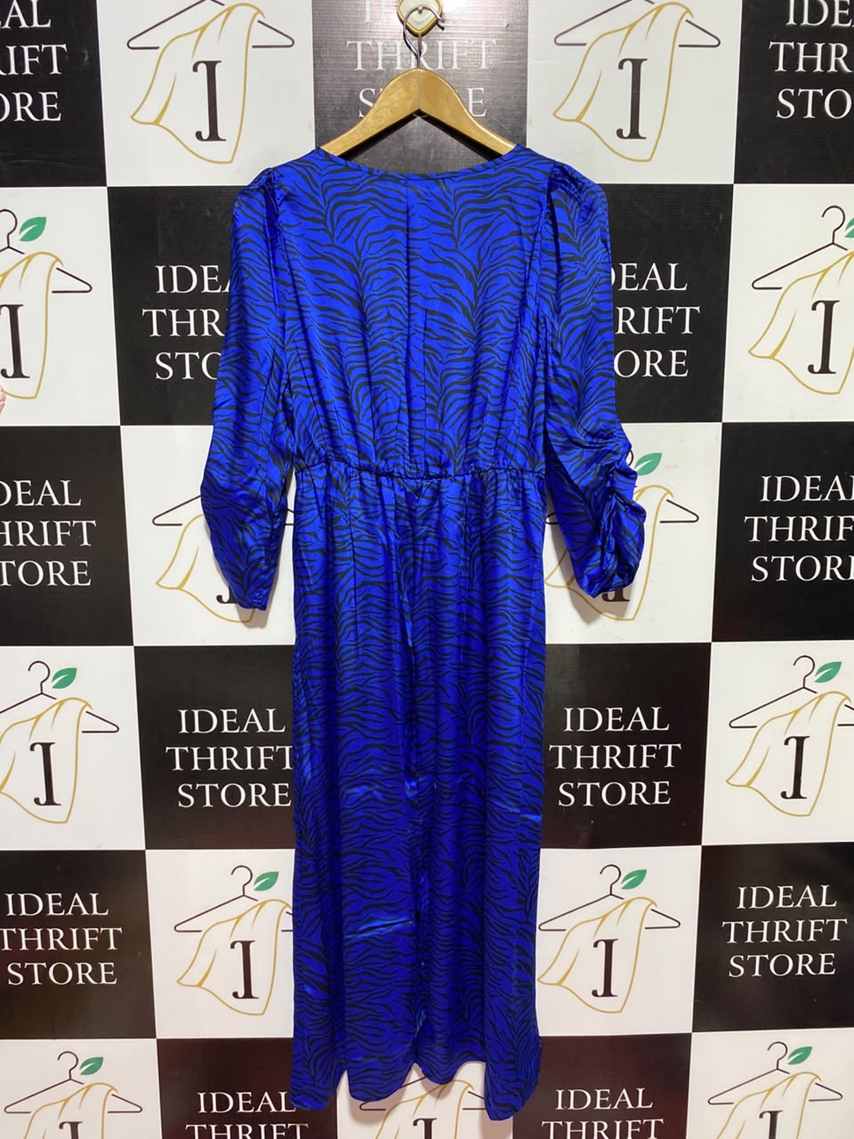 GEORGE |L| BUST 19| A12| ROYAL BLUE ZEBRA PRINT SATIN MIDI DRESS - V-NECK HIGH-LOW DRESS