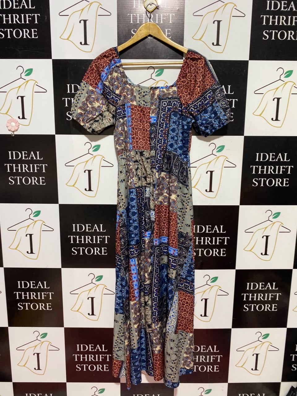 |L| BUST 18| A12| MULTICOLOR PATCHWORK PAISLEY MAXI DRESS - PUFF SLEEVE BOHO DRESS