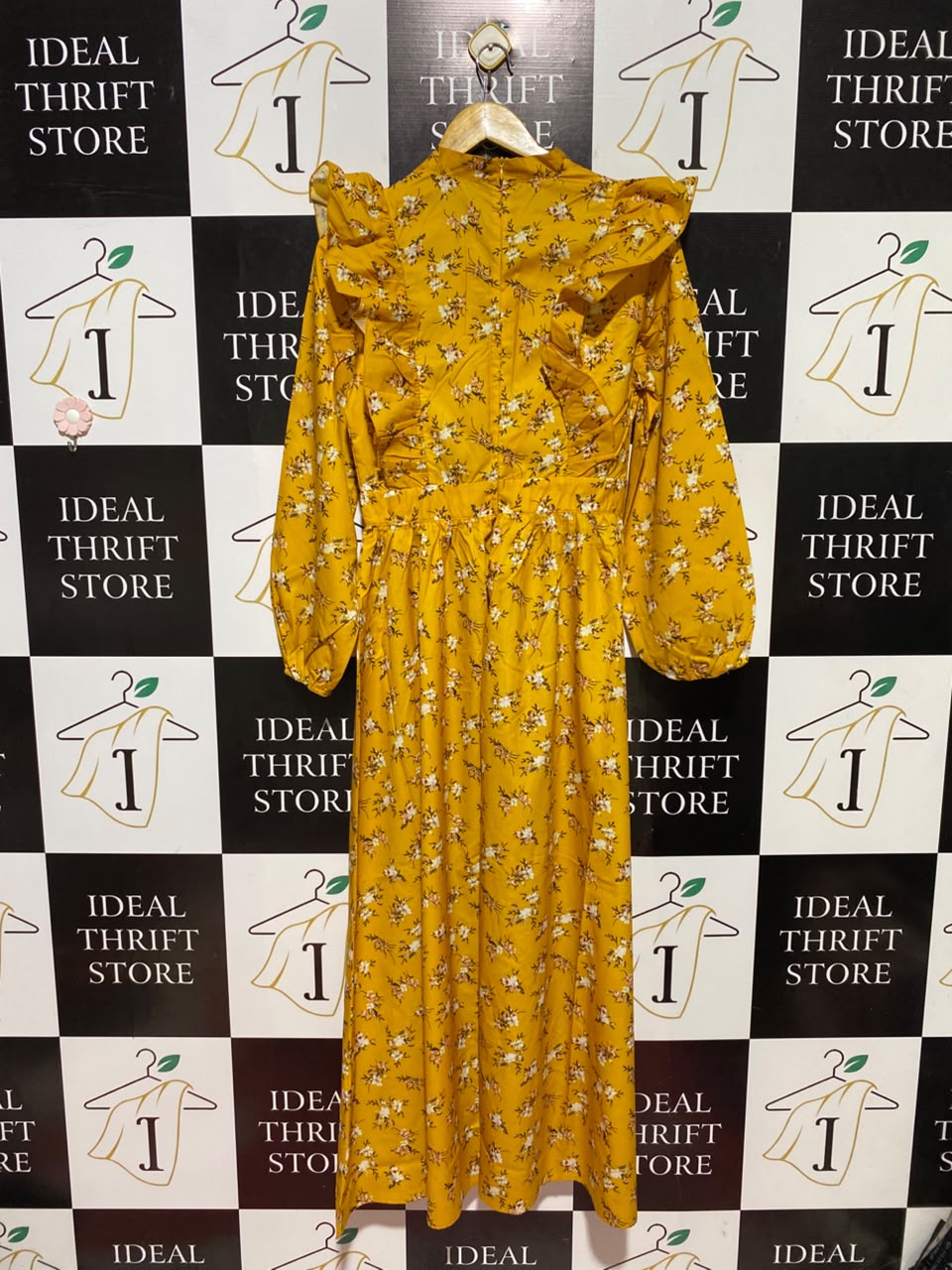 SHEIN |M| BUST 18| A12| MUSTARD YELLOW FLORAL RUFFLE MAXI DRESS - LONG SLEEVE TIE-NECK DRESS