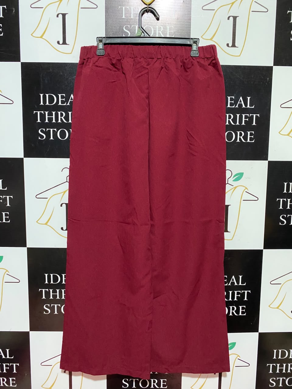 |XL| WAIST 32| A12| MAROON RED HIGH-WAISTED WIDE-LEG TROUSERS - ELASTIC WAIST CASUAL PANTS