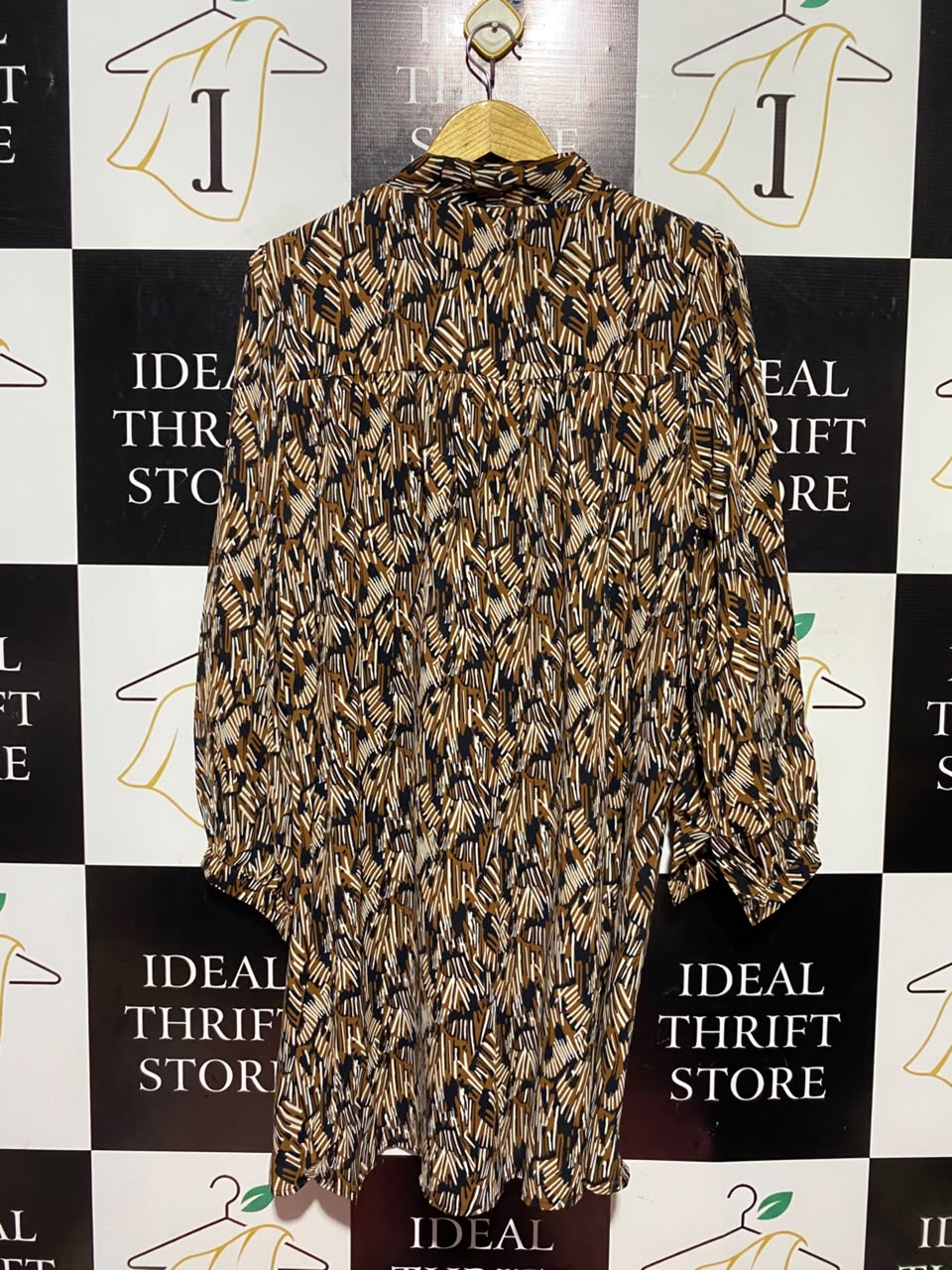 |L| BUST 21| A14| ABSTRACT PRINT TIE-NECK MINI / TUNIC DRESS - BROWN & BLACK