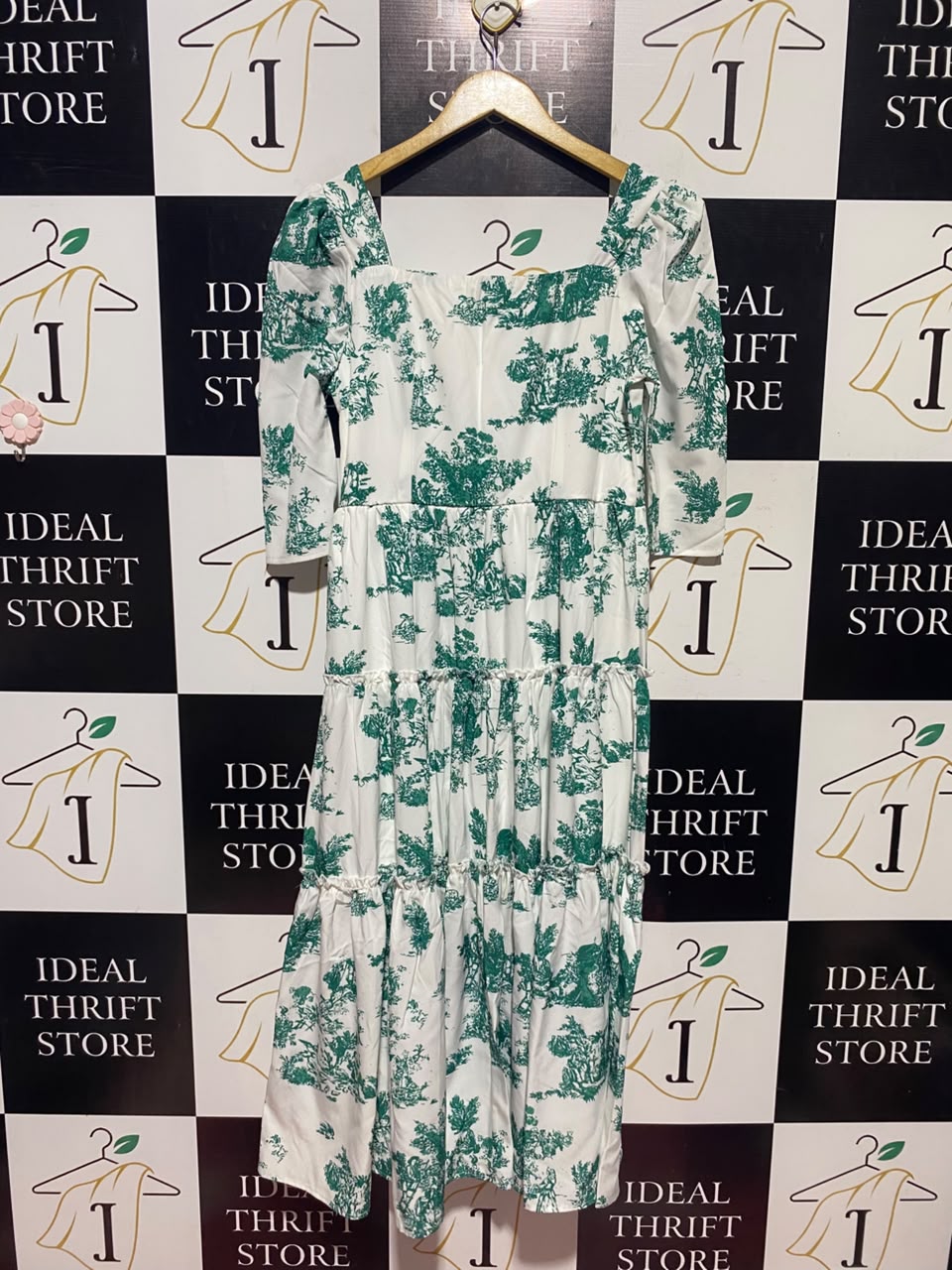SHEIN |M| BUST 16| A14| GREEN TOILE DE JOUY SQUARE-NECK TIERED MAXI DRESS