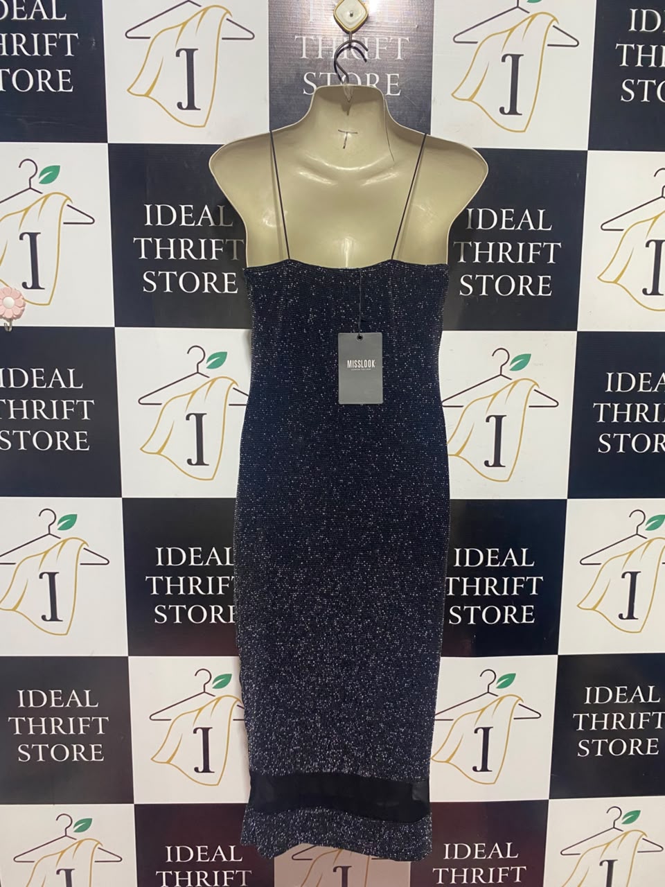 MISS LOOK |S| BUST 15| A14| BLACK & SILVER METALLIC SHIMMER CAMI SLIP MIDI DRESS