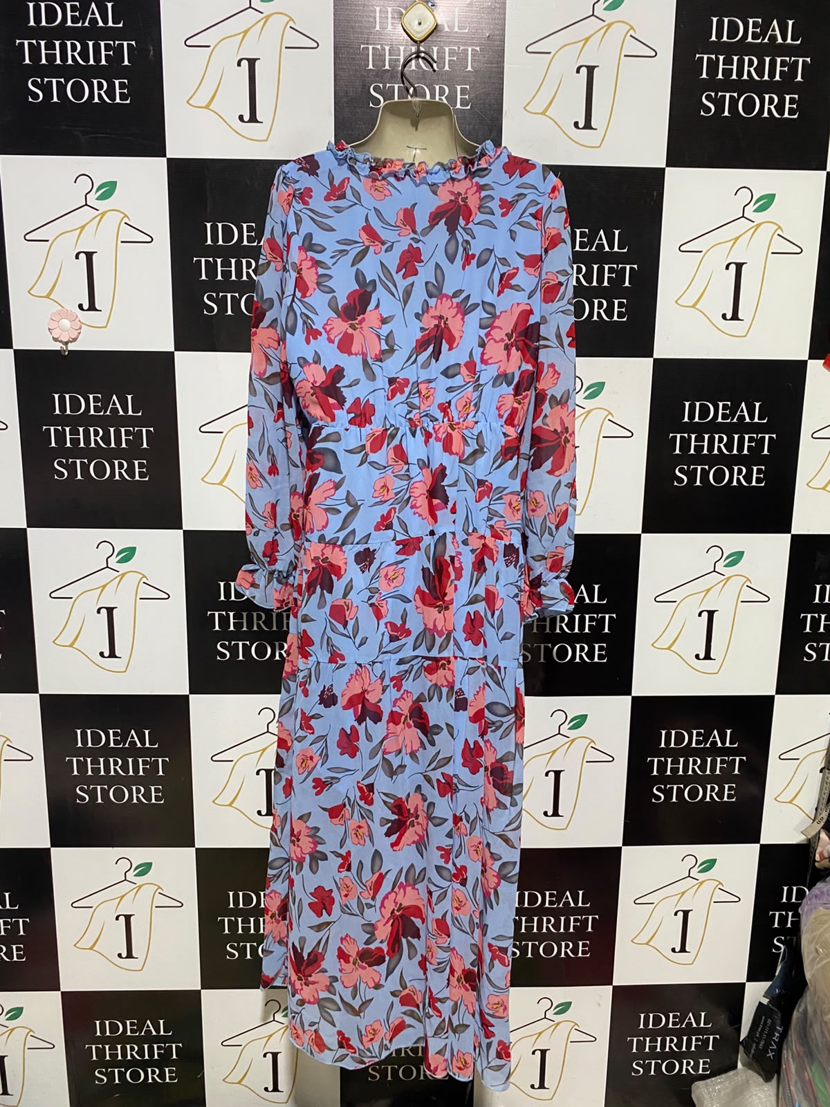 |XL| BUST 20| A14| LIGHT BLUE & PINK FLORAL RUFFLE-TRIM TIERED MAXI DRESS