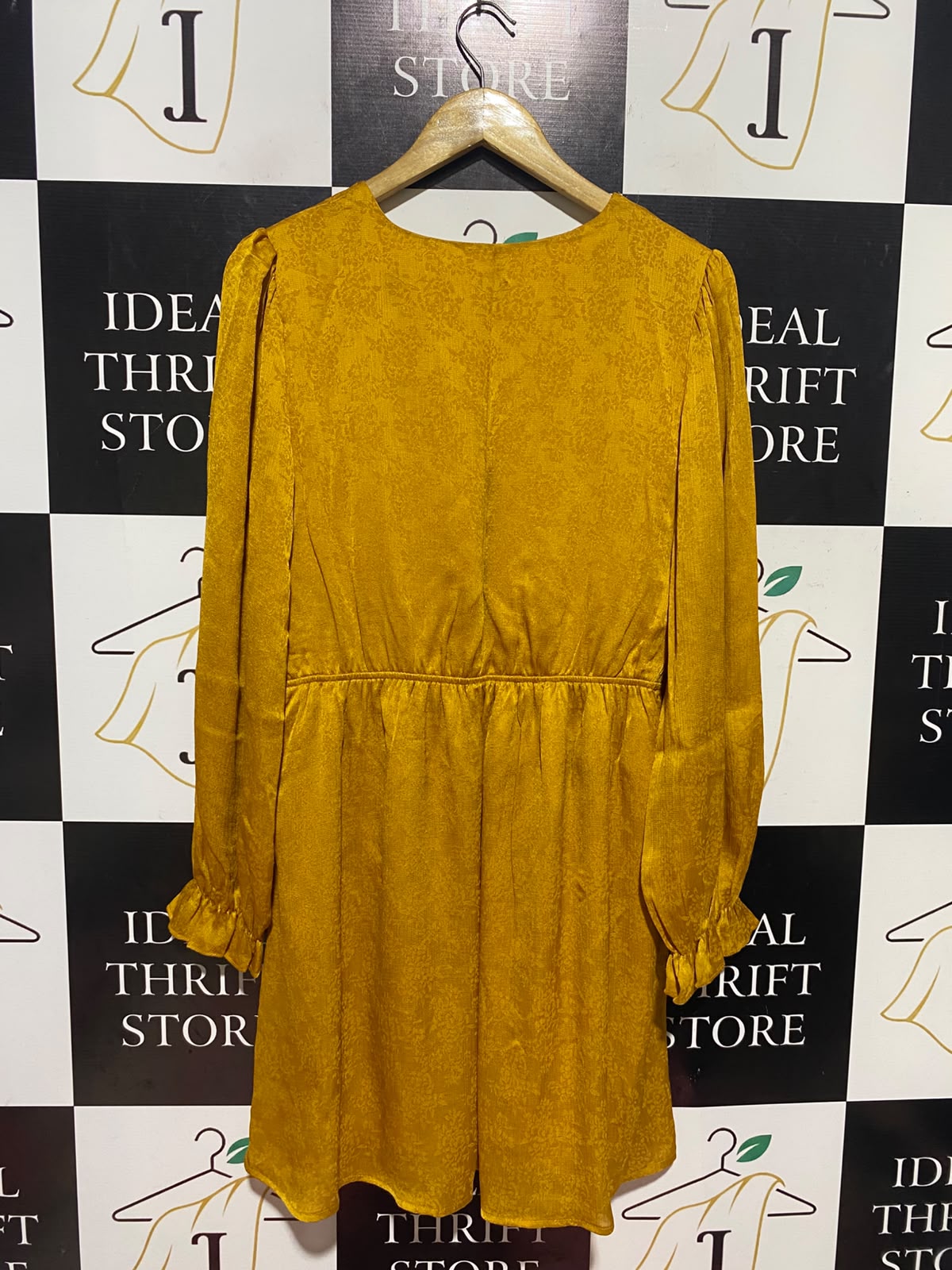 APRICOT |M| BUST 19| A15| MUSTARD YELLOW SATIN JACQUARD WRAP DRESS - V-NECK LONG SLEEVE MINI DRESS