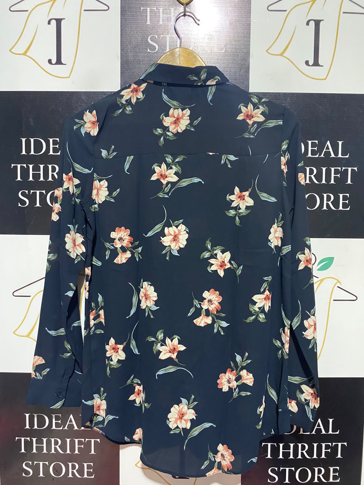 NEW LOOK |M| BUST 19| A15| NAVY BLUE FLORAL PRINT BUTTON-DOWN SHIRT - LONG SLEEVE COLLARED BLOUSE
