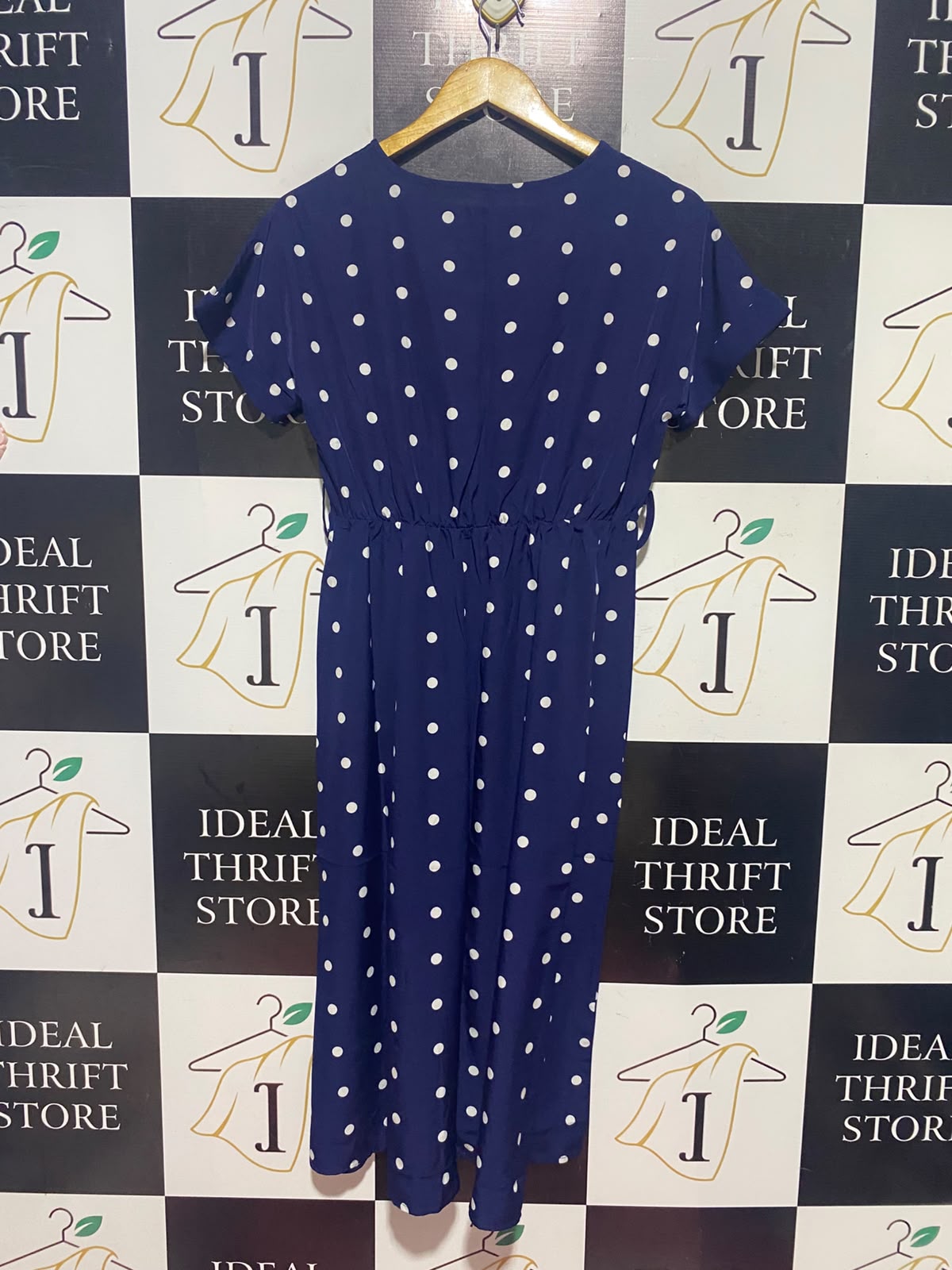 |L| BUST FREE| A15| NAVY BLUE POLKA DOT MIDI DRESS - SHORT SLEEVE BUTTON-FRONT CASUAL DRESS