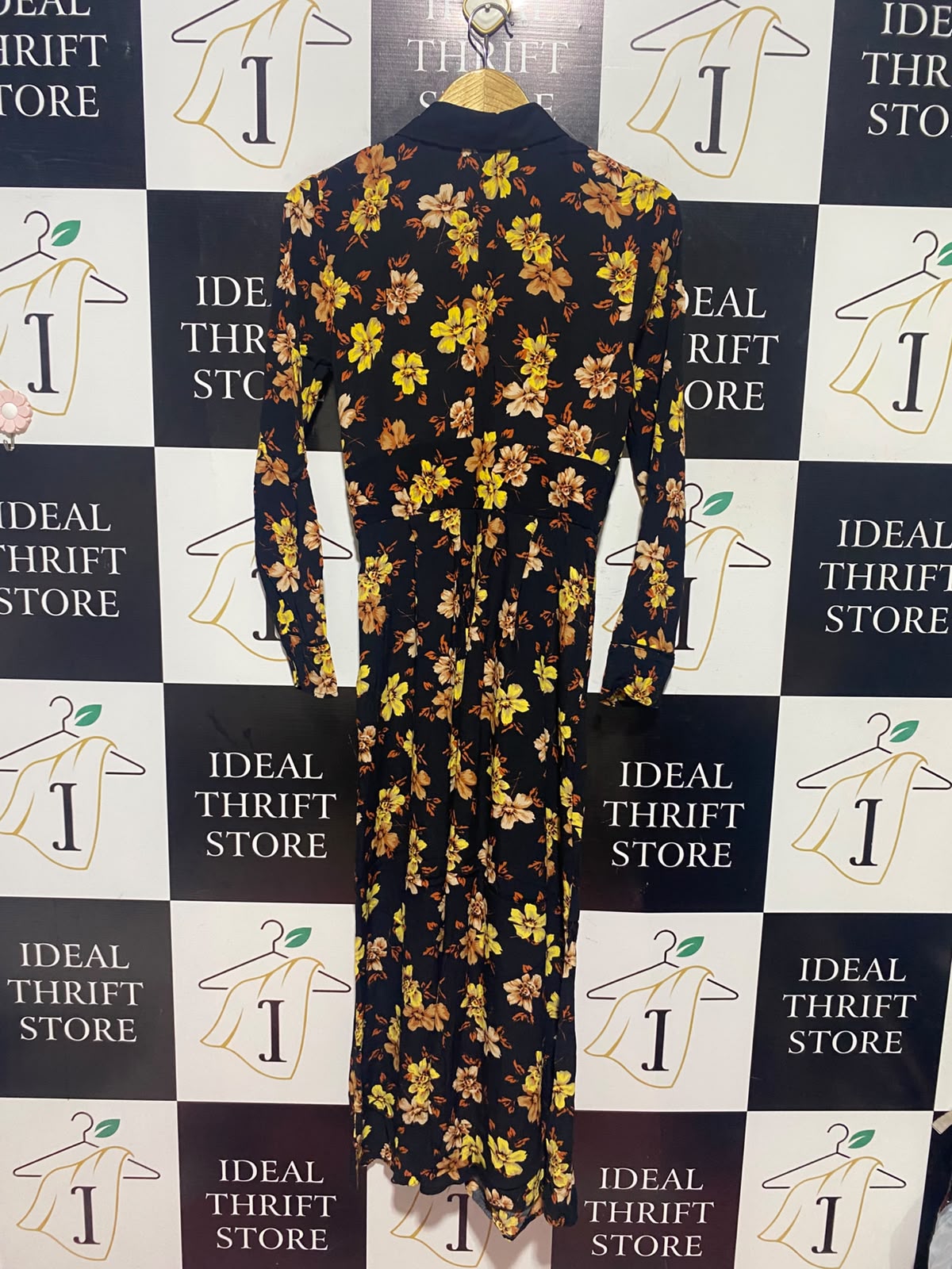 TOP SHOP |S| BUST 17| A15| BLACK & YELLOW FLORAL PRINT SHIRT DRESS - LONG SLEEVE COLLARED MAXI DRESS