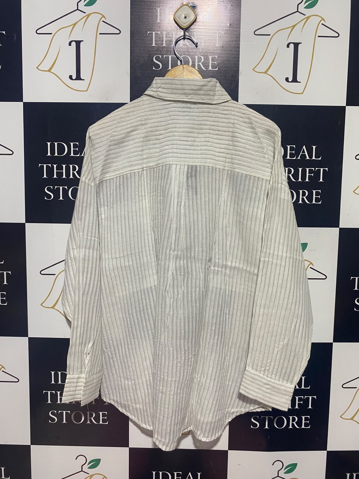 PRIMARK |S| BUST 24| A15| OFF-WHITE STRIPED OVERSIZED BUTTON-DOWN SHIRT - LONG SLEEVE DUAL POCKET BLOUSE