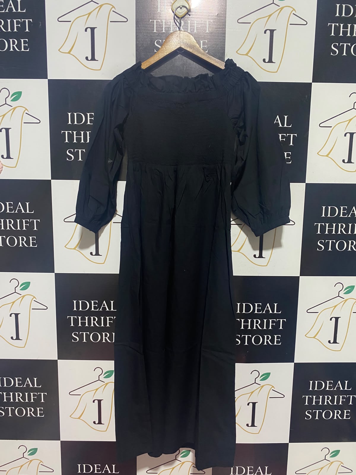 NEXT MATERNIT |M| BUST 14| A15| SOLID BLACK OFF-SHOULDER MAXI DRESS - SMOCKED BODICE PUFF SLEEVE COTTON DRESS