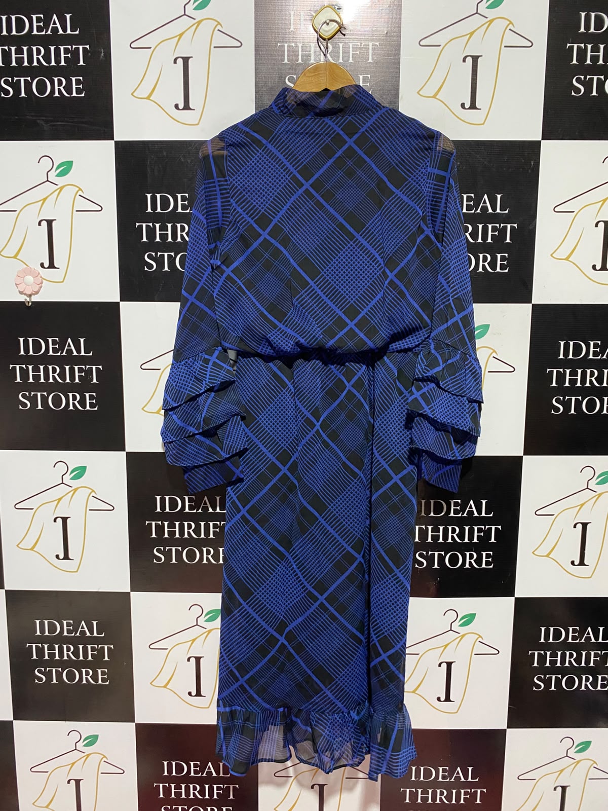 NEXT |M| BUST 19| A15| ROYAL BLUE PLAID TIE-NECK MIDI DRESS - RUFFLED SLEEVE CHIFFON DRESS
