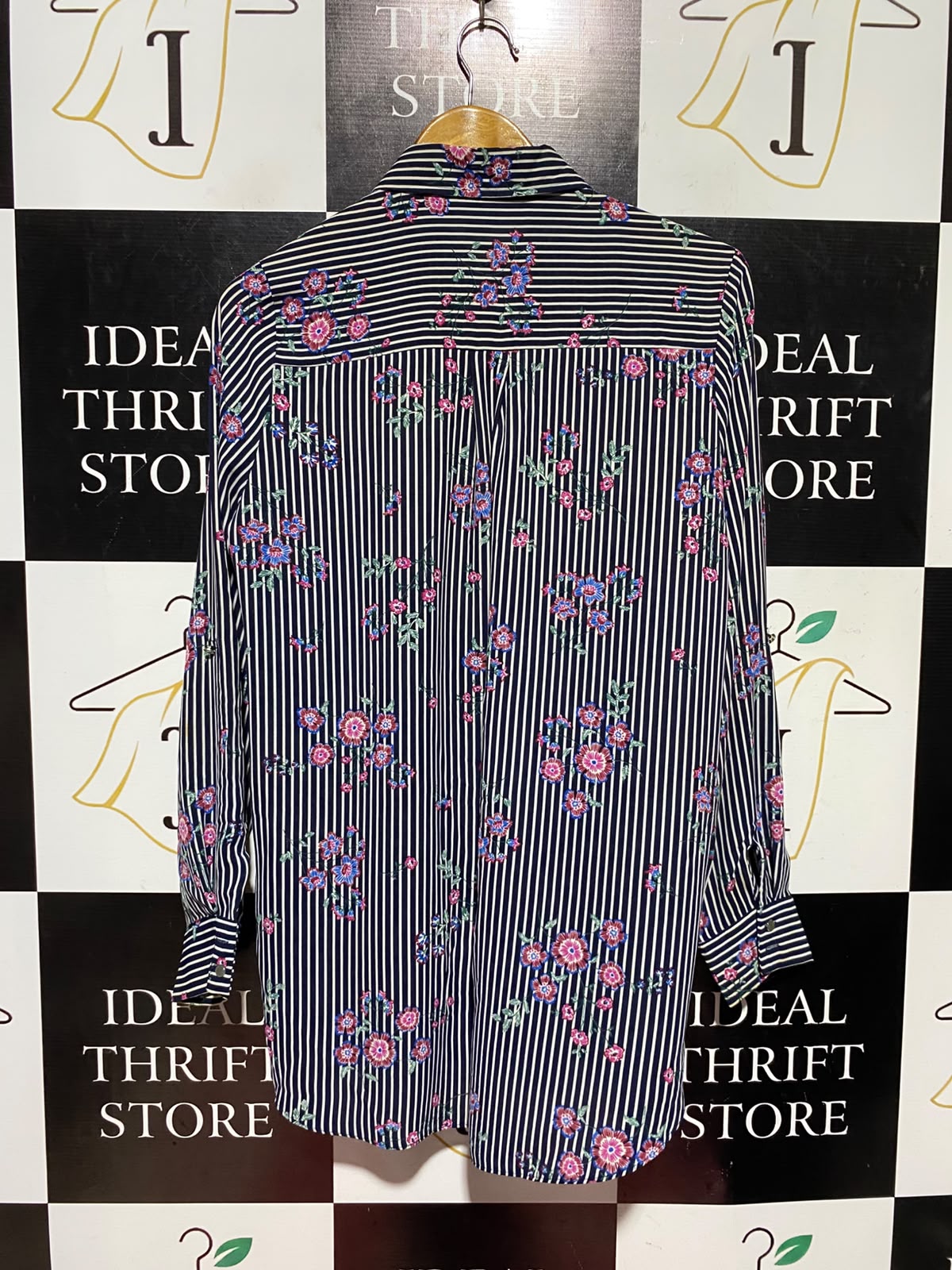 PRIMARK |M| BUST 19| A15| NAVY STRIPED FLORAL PRINT BUTTON-DOWN SHIRT - LONG SLEEVE DUAL POCKET BLOUSE