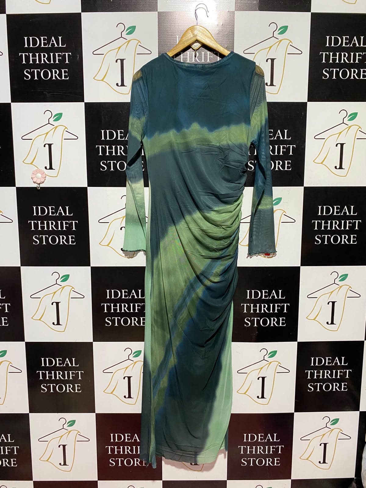 SHEIN |XL| BUST 17| A15| GREEN ABSTRACT PRINT RUCHED MESH MAXI DRESS - LONG SLEEVE BODYCON DRESS