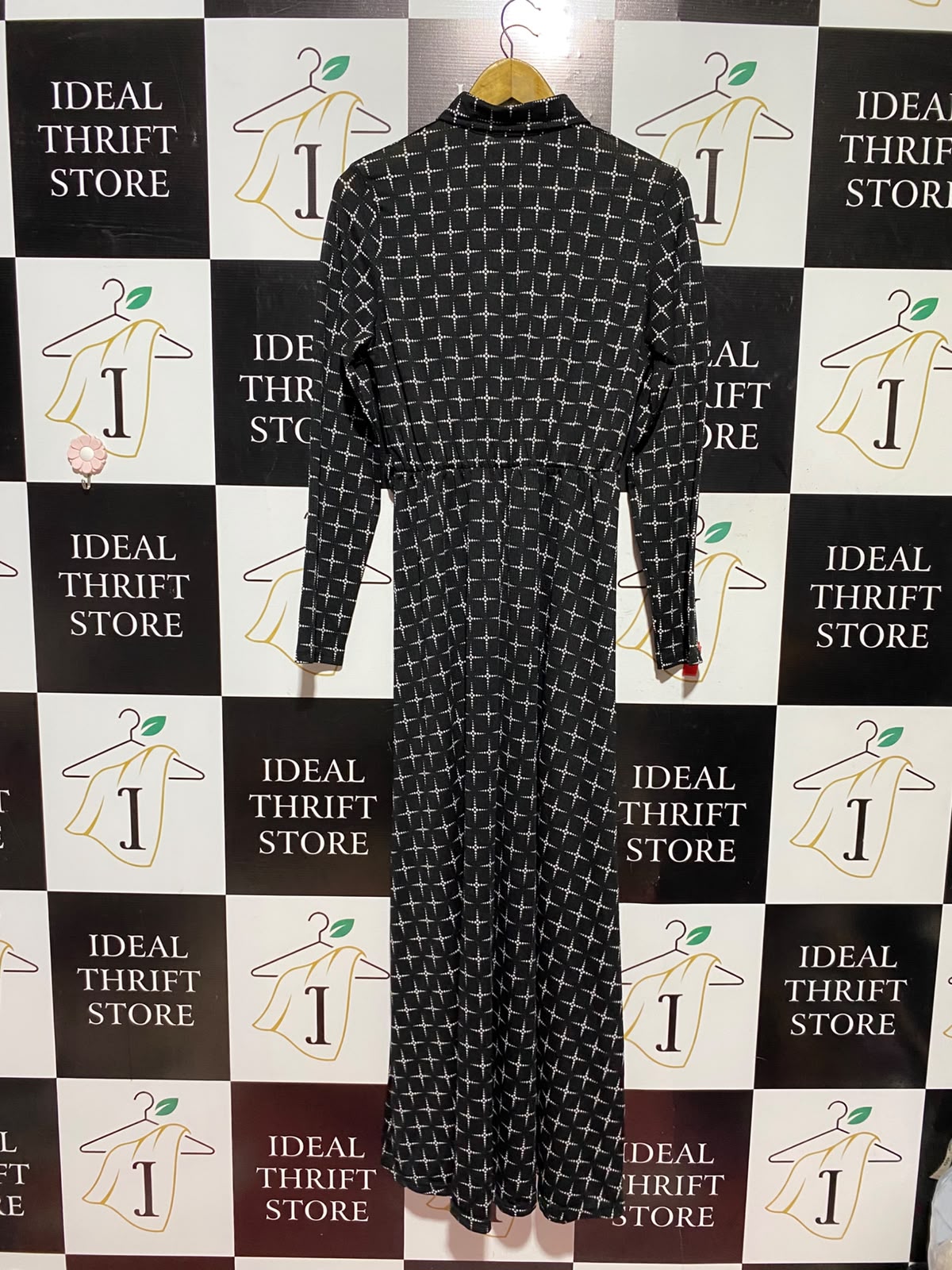 CORTIGIANI |L| BUST 17| A15| BLACK GEOMETRIC PRINT LONG SLEEVE SHIRT DRESS - BUTTON-DOWN MAXI DRESS