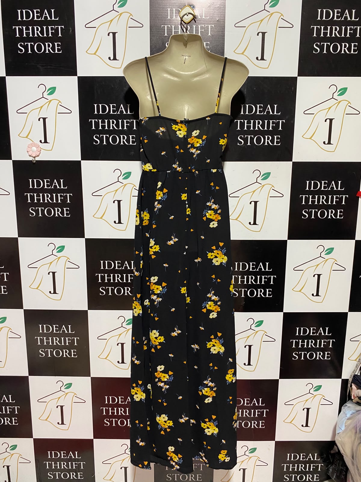 H&M DIVIDED |S| BUST 15| A15| BLACK & YELLOW FLORAL SPAGHETTI STRAP MAXI DRESS - SLEEVELESS V-NECK CAMI DRESS