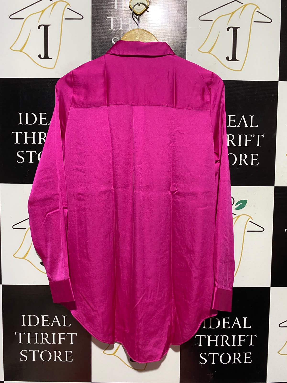 NEW LOOK |S| BUST 21| A15| MAGENTA PINK SATIN BUTTON-DOWN SHIRT - LONG SLEEVE OVERSIZED SATIN BLOUSE