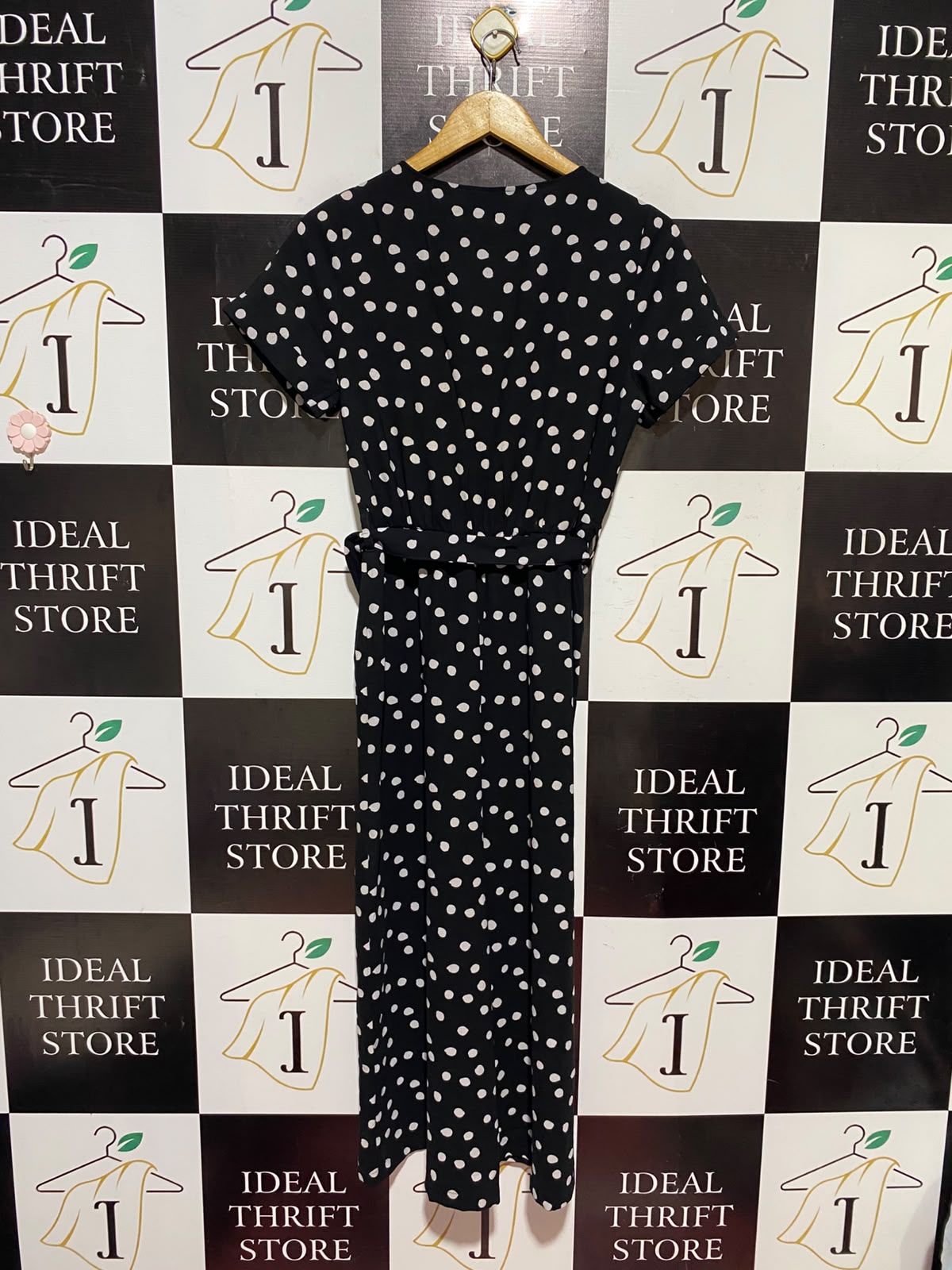 PAPAYA |S| BUST 17| A15| BLACK & WHITE POLKA DOT BUTTON-FRONT JUMPSUIT - SHORT SLEEVE BELTED CASUAL JUMPSUIT