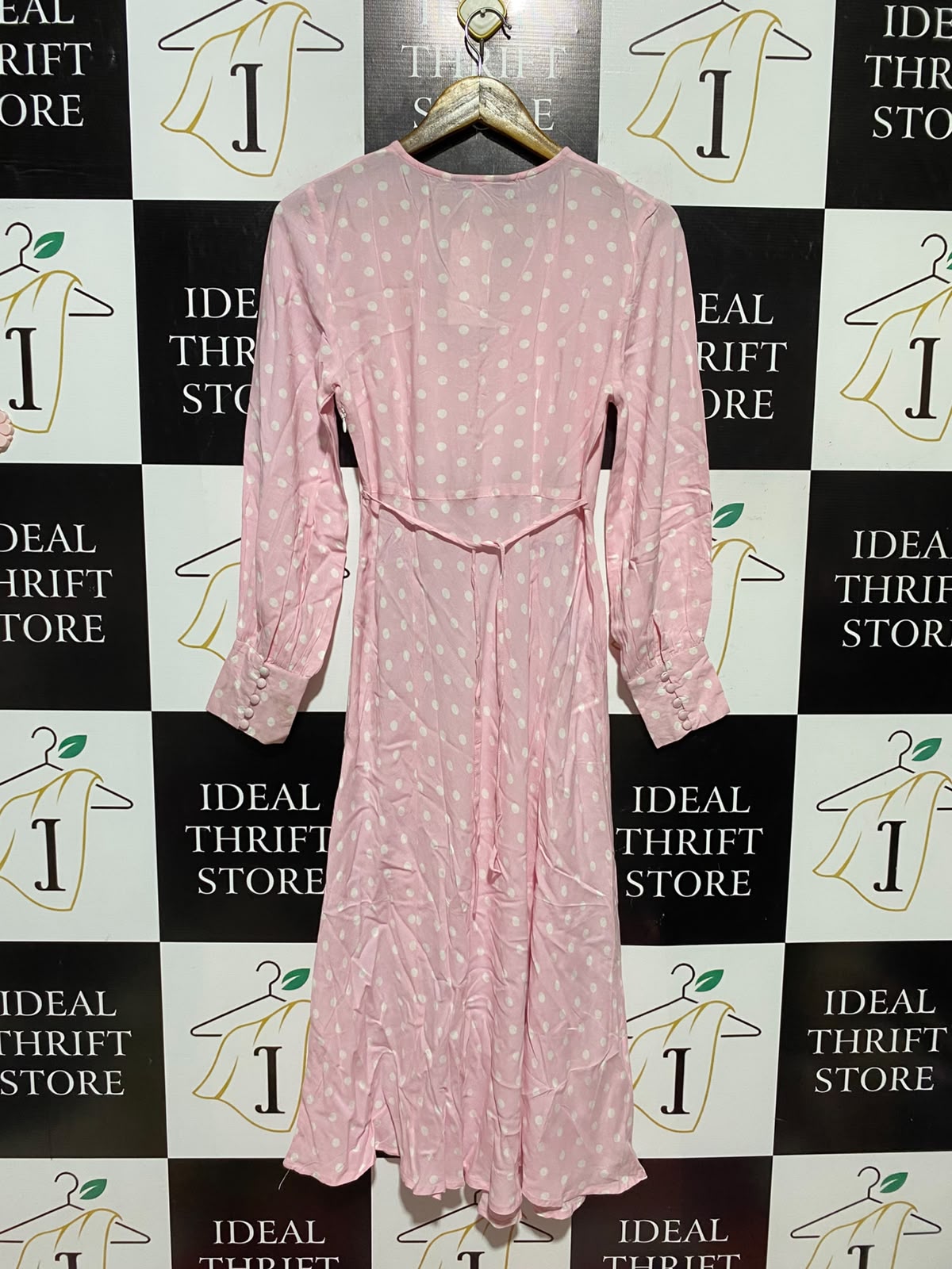 LOVE THAT LOOK |M| BUST 16| A14| LIGHT PINK & WHITE POLKA DOT MIDI DRESS - LONG SLEEVE V-NECK RUCHED BUST DRESS