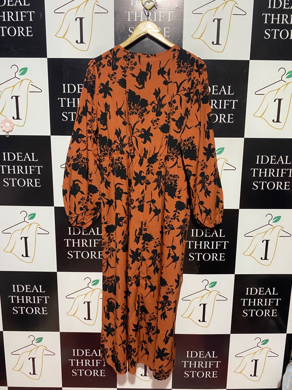 SHEIN |XL| BUST 20| A16| RUST ORANGE & BLACK FLORAL PRINT LONG SLEEVE MAXI DRESS